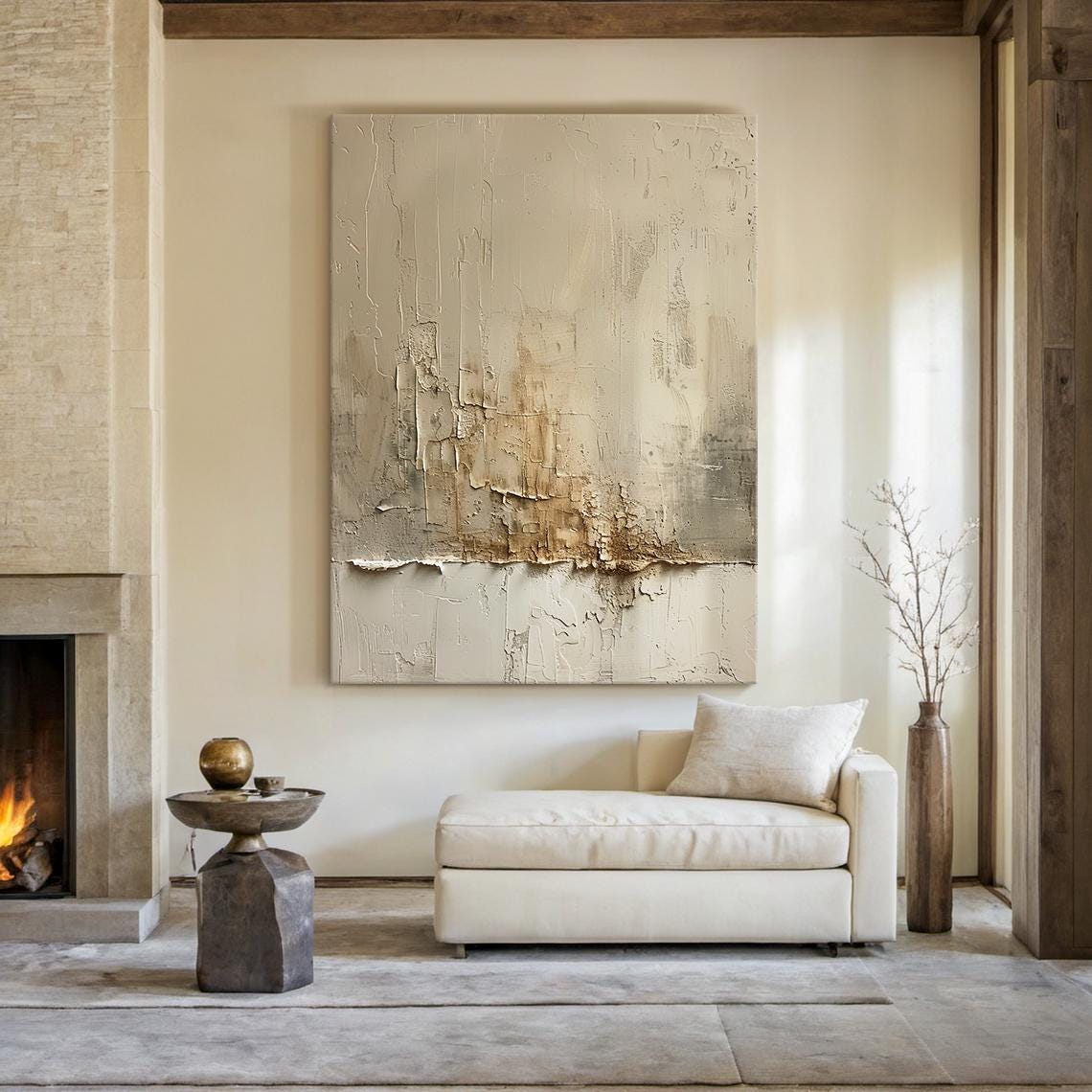 ARCTIC STRATA: Texture Wall Art, Hand-Painted Off-White and Metallic Gold Plaster Relief Heavy Texture Canvas Painting