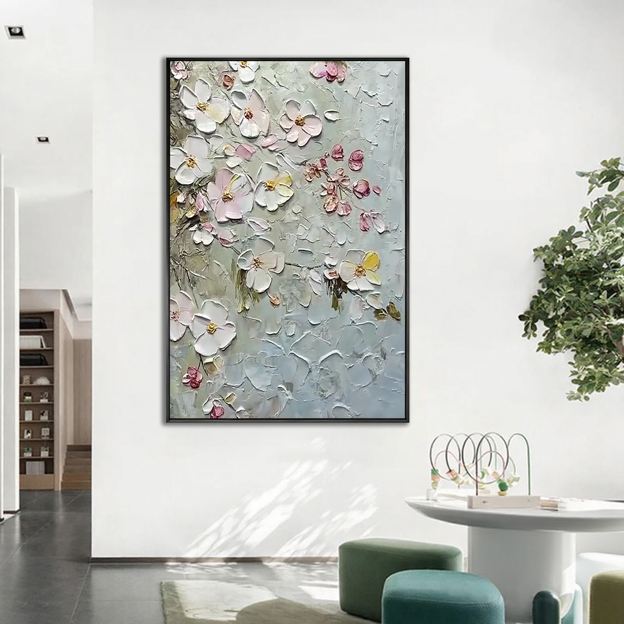 Silver Petals – Hand-Painted Grey and Soft Pink Cherry Blossom 3D Relief Plaster Floral Painting | Contemporary Botanical Bedroom & Living Room Art