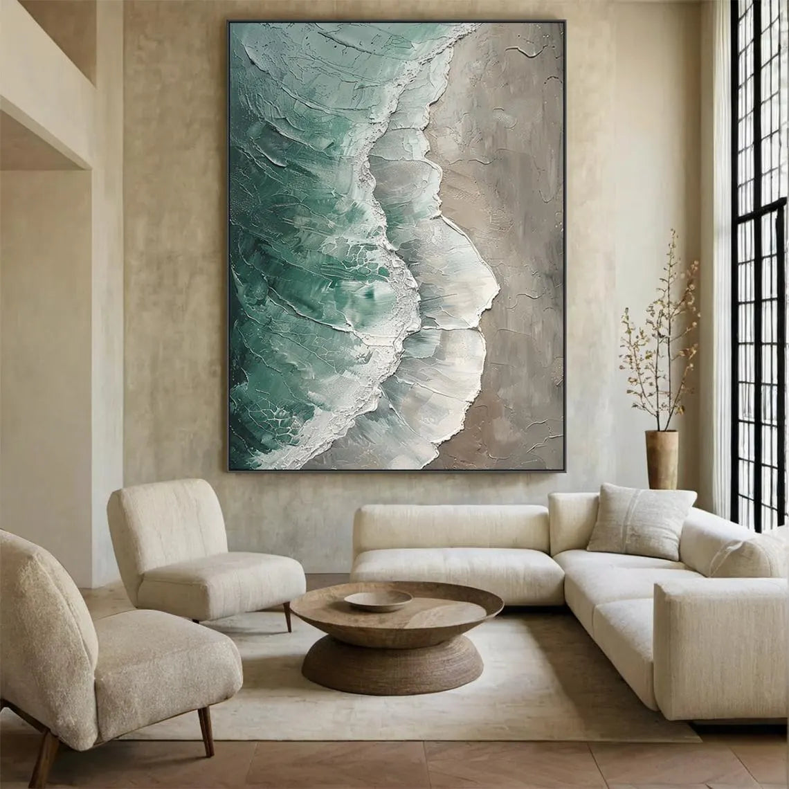 Ethereal Tide – Modern Textured Painting | Creative Wabi-Sabi Teal Ocean Wave Entryway Art