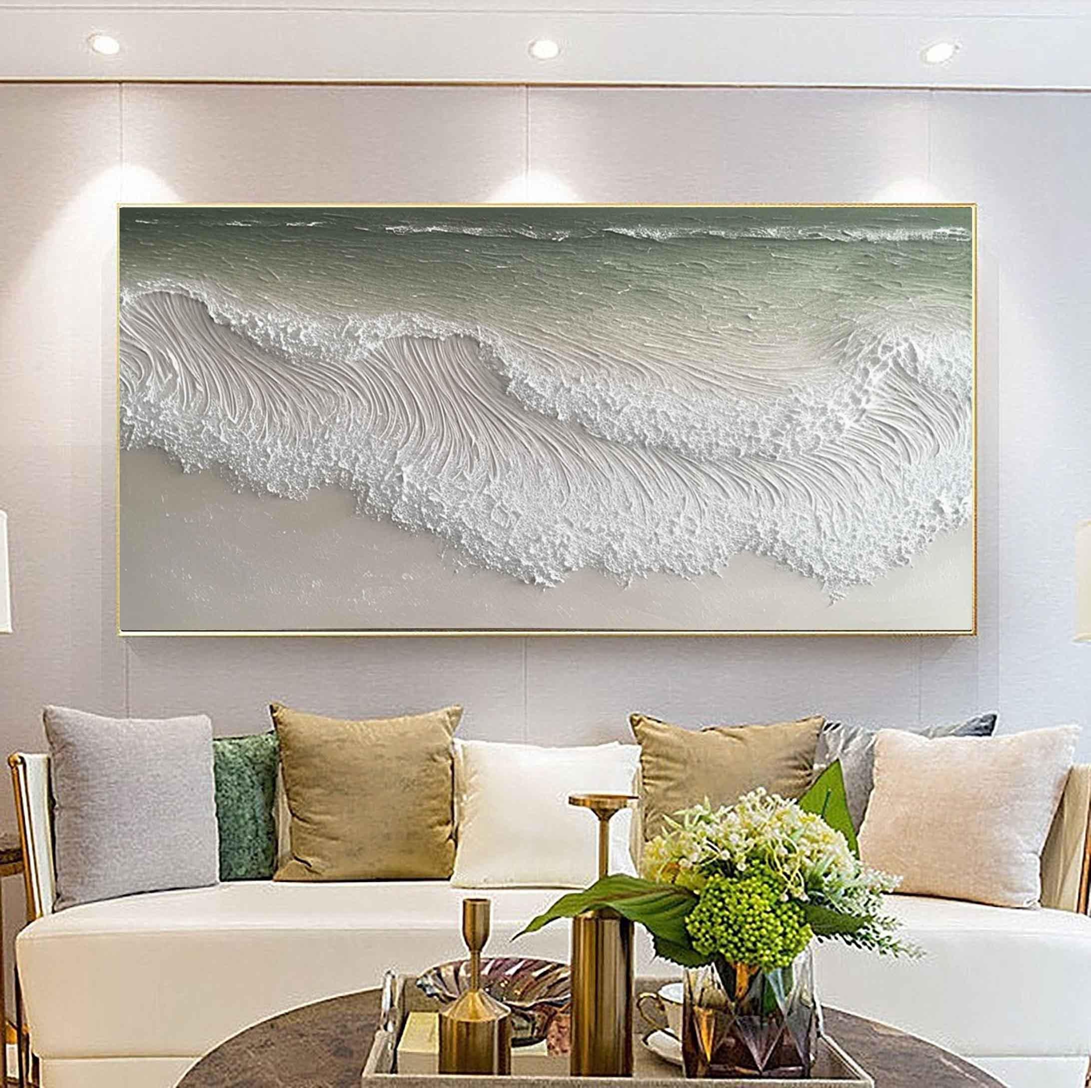 Ocean Froth – Hand-Painted Plaster Effect Sea Foam Wave Relief Seascape Painting | Coastal Modern Living Room & Bedroom Art