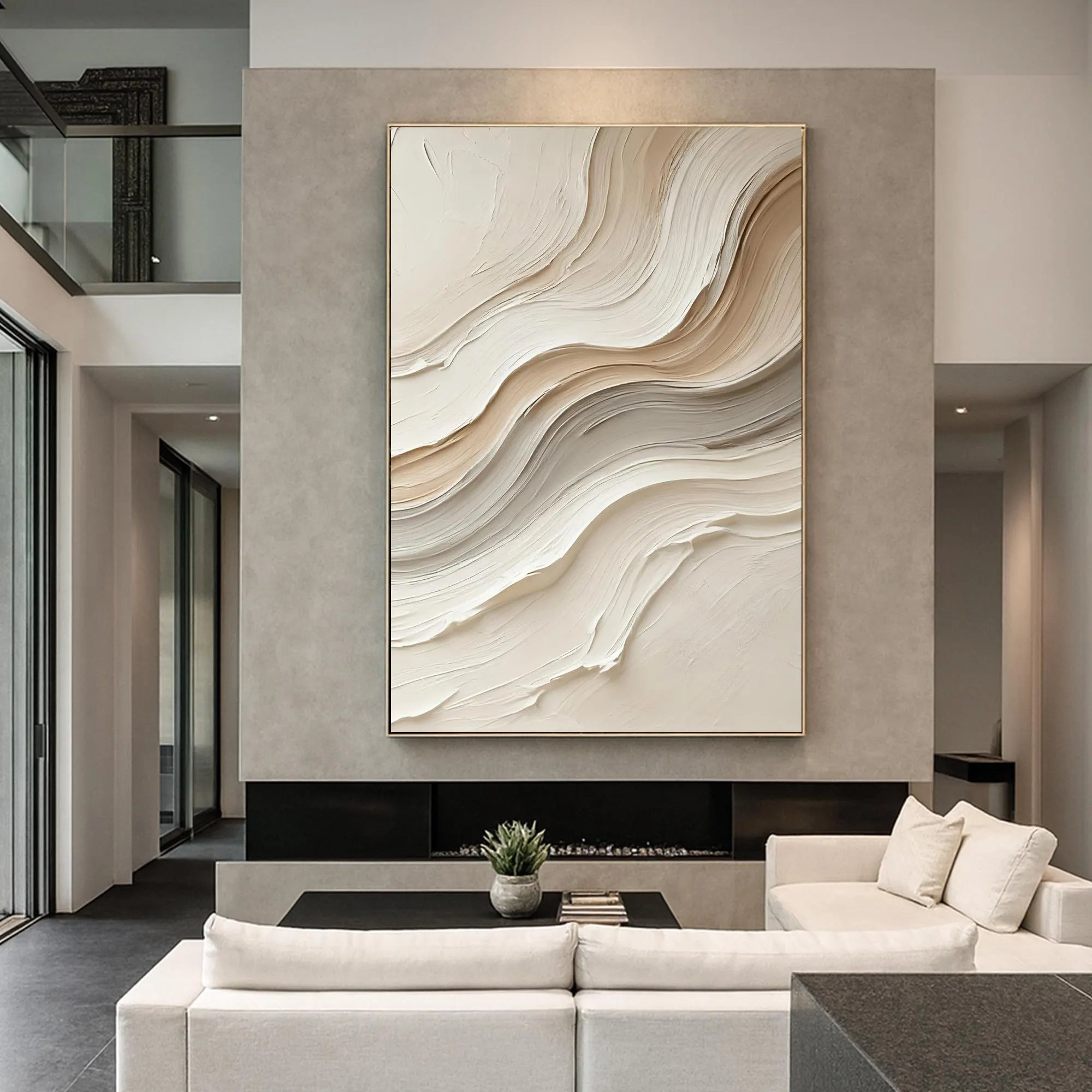 Creamy Ripple – Hand-Painted Minimalist Sand Wave Plaster Effect Relief Wabi-Sabi Painting | Japandi Organic Wabi-Sabi Living Room & Hallway Art