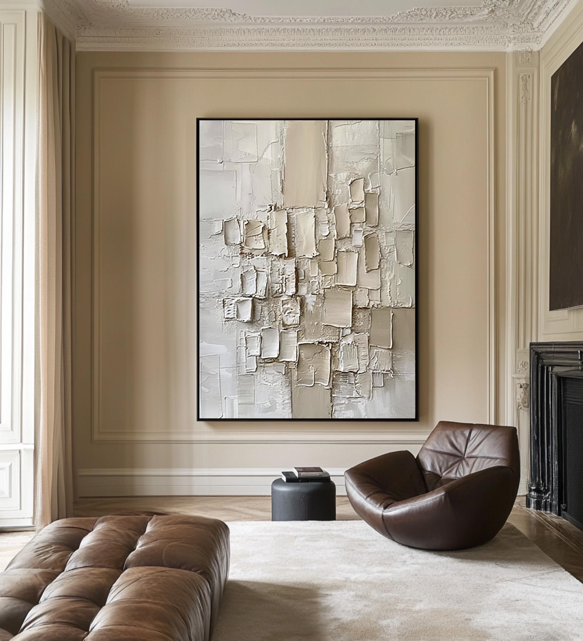 CREAMY MOSAIC: Texture Wall Art, Hand-Painted Minimalist Off-White Geometric Block Plaster Relief Heavy Texture Canvas Painting