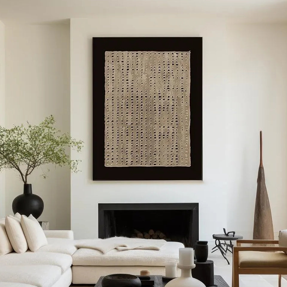 Zen Lattice – 3D Heavy Texture Black & Sand Plaster Relief Wabi-Sabi Painting | Japandi Organic Wabi-Sabi Living Room & Hallway Art