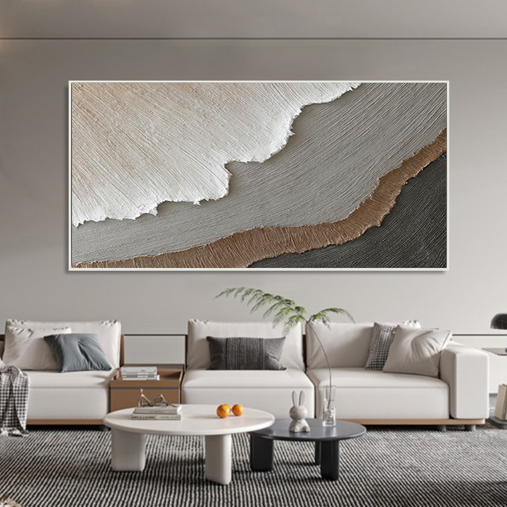 Terrain Strata – Hand-Painted Neutral Grey and Brown 3D Plaster Relief Texture Painting | Japandi Organic Texture Living Room & Bedroom Art