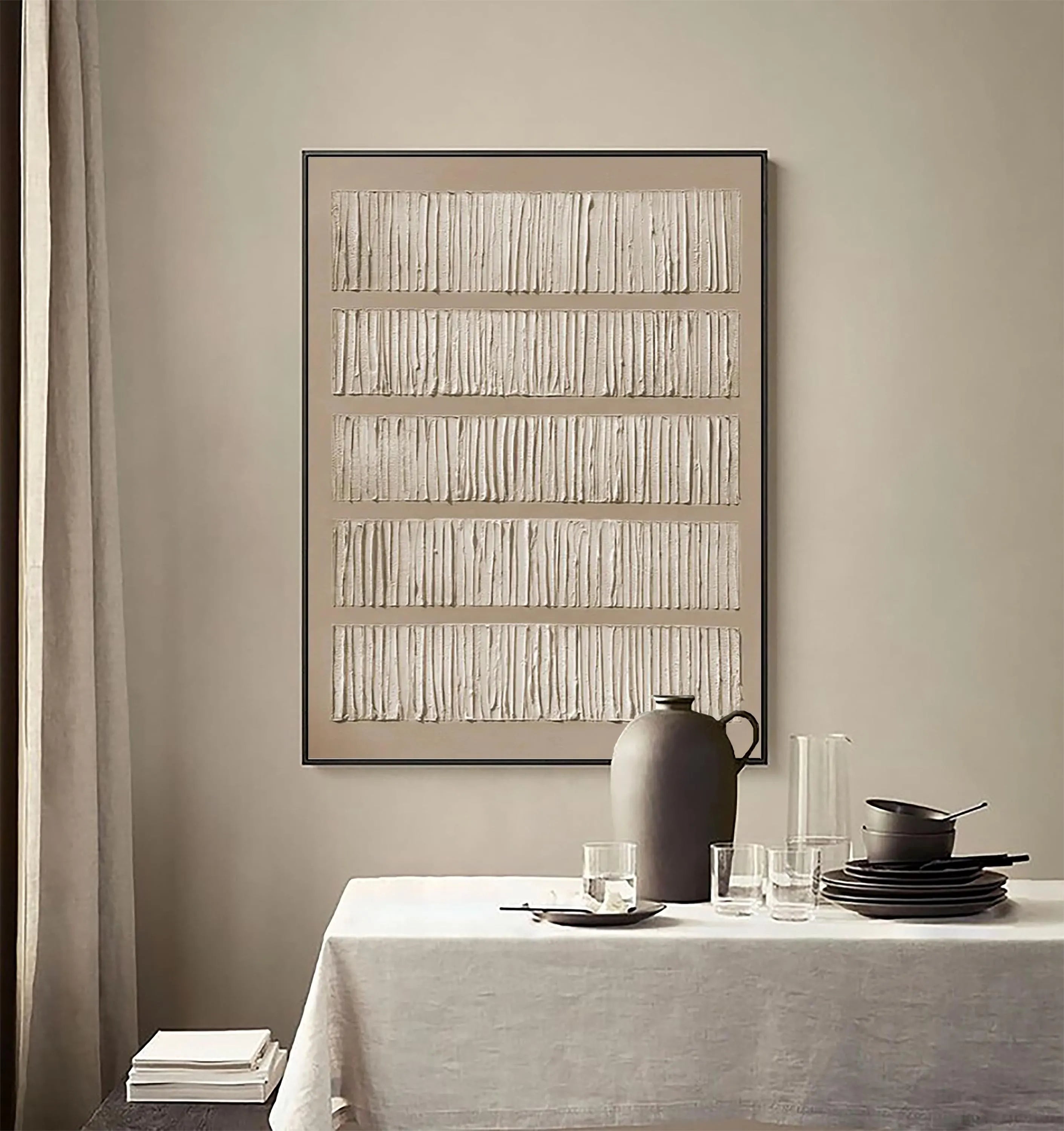 Linear Rhythm – Hand-Painted Neutral Tone Line Plaster Relief Texture Painting | Japandi Organic Texture Living Room & Bedroom Art