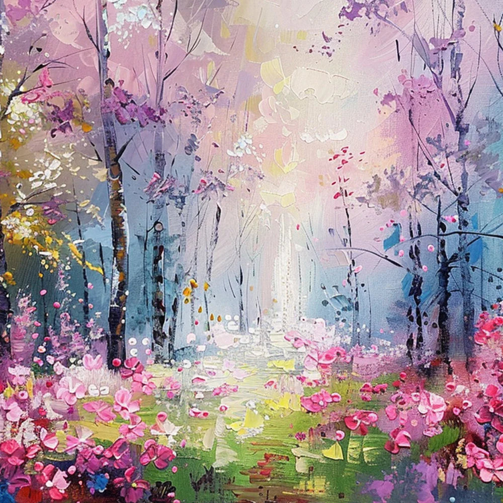 Enchanted Grove – Hand-Painted Purple and Pink Mystic Forest Landscape Painting | Contemporary Landscape Living Room & Dining Room Art