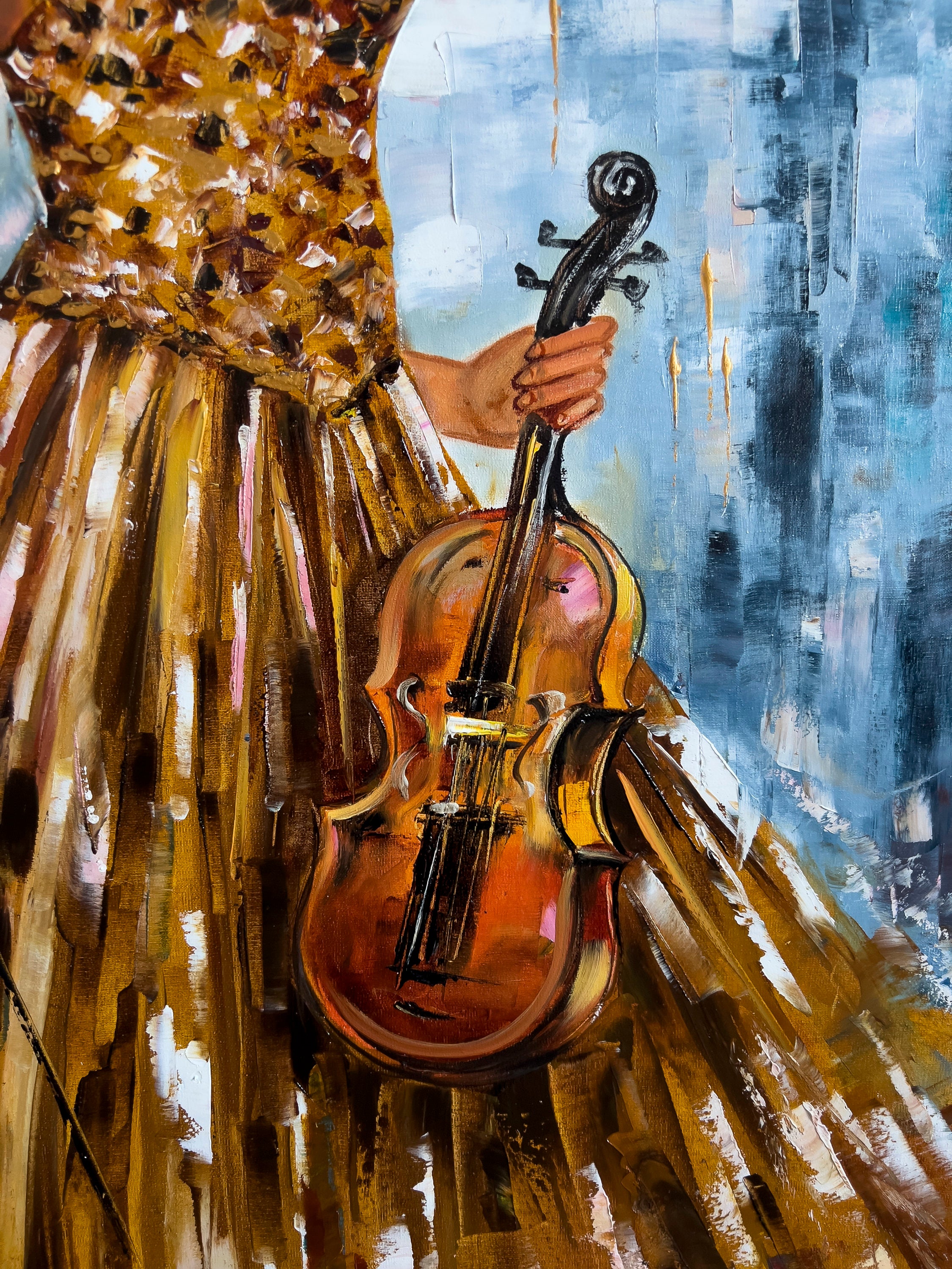 The Golden Prelude – Modern Impressionist Violinist Painting | Elegant Woman in Gold Gown Hallway Art