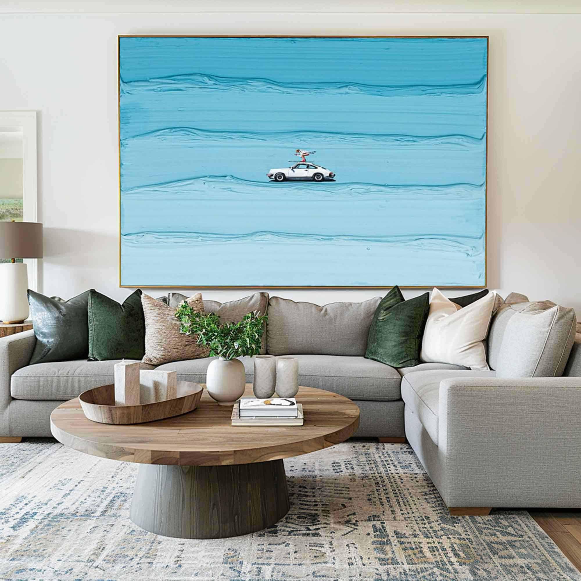 Surf Rider – Hand-Painted Creative White Car on Blue Ocean Wave Palett