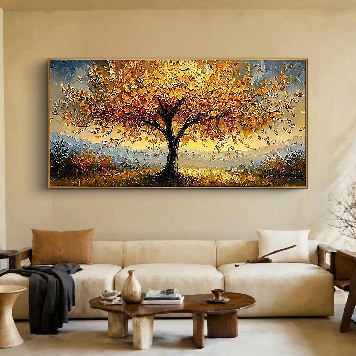 Golden Anthem – Modern Hand-Painted Impasto Oil Painting | Textured Tree of Life Living Room Art