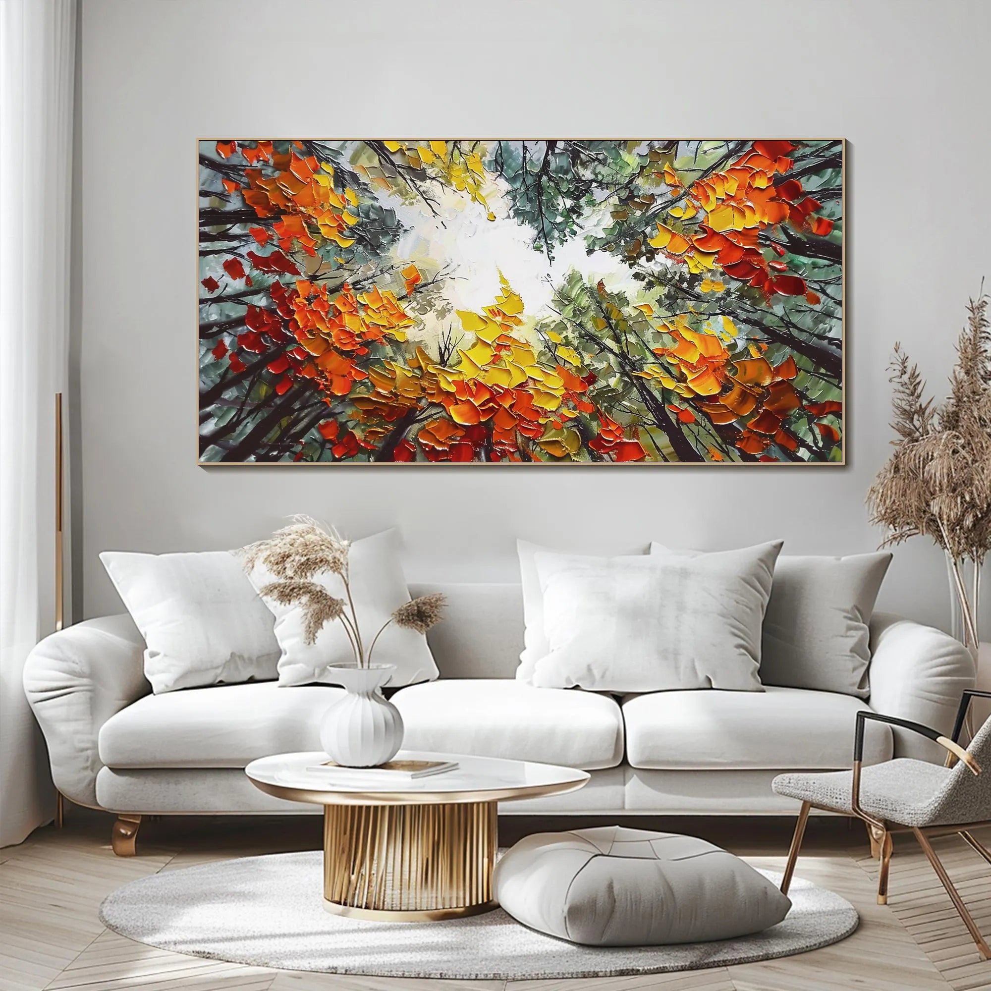 Autumn Canopy – Hand-Painted Worm's-Eye View Autumn Tree Leaves Palette Knife Forest Painting | Contemporary Landscape Living Room & Dining Room Art
