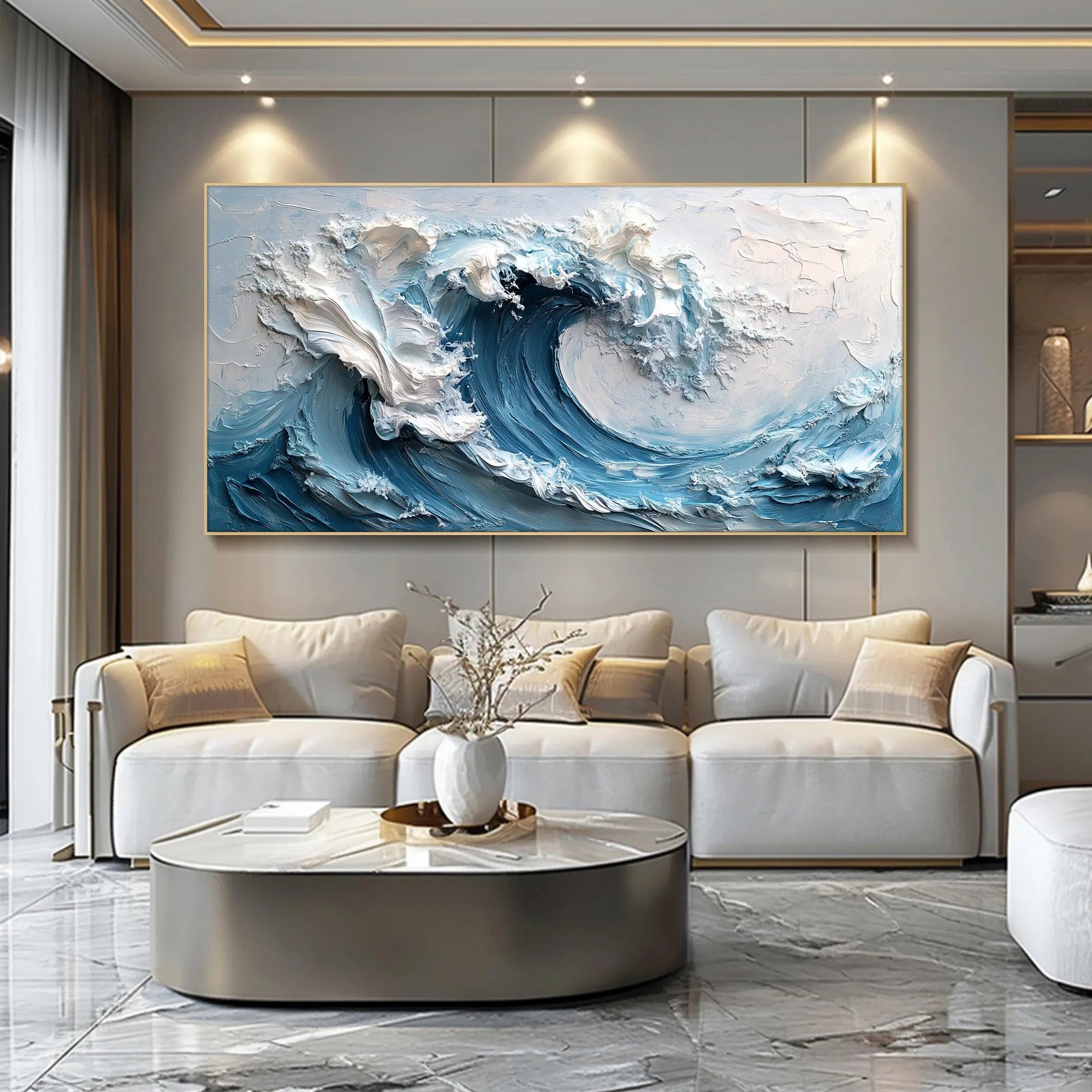 Arctic Surge – Hand-Painted Deep Blue and White 3D Impasto Palette Knife Texture Painting | Modern Abstract Living Room & Office Art