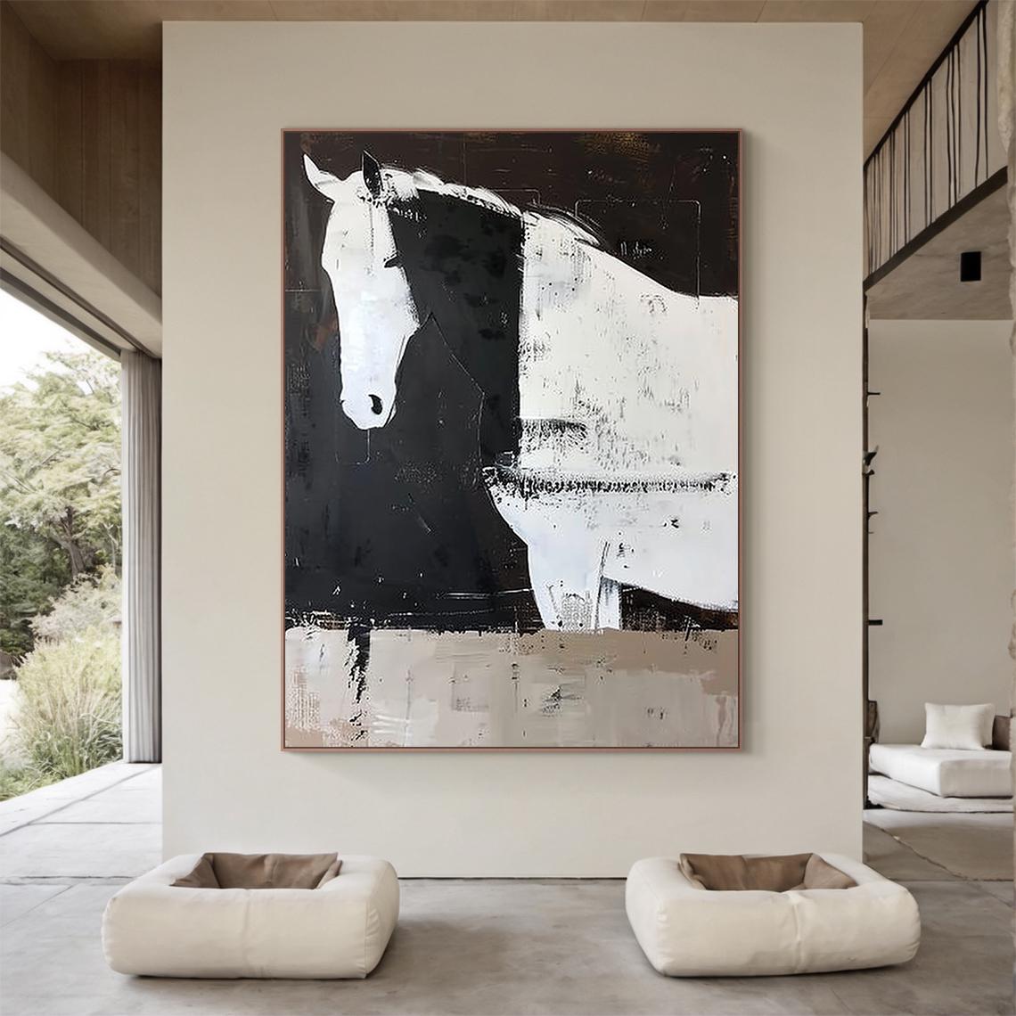 Silent Solitude – Modern Minimalist Black and White Horse Painting | Contemporary Textured Living Room  Art