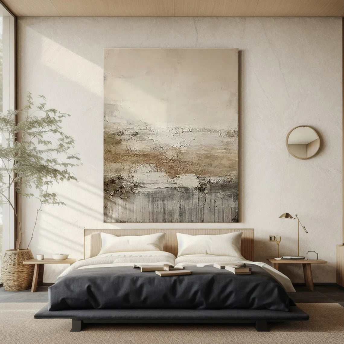 Earthen Mist – Hand-Painted Distressed Brown and Beige Plaster Effect Abstract Painting | Japandi Organic Wabi-Sabi Living Room & Hallway Art