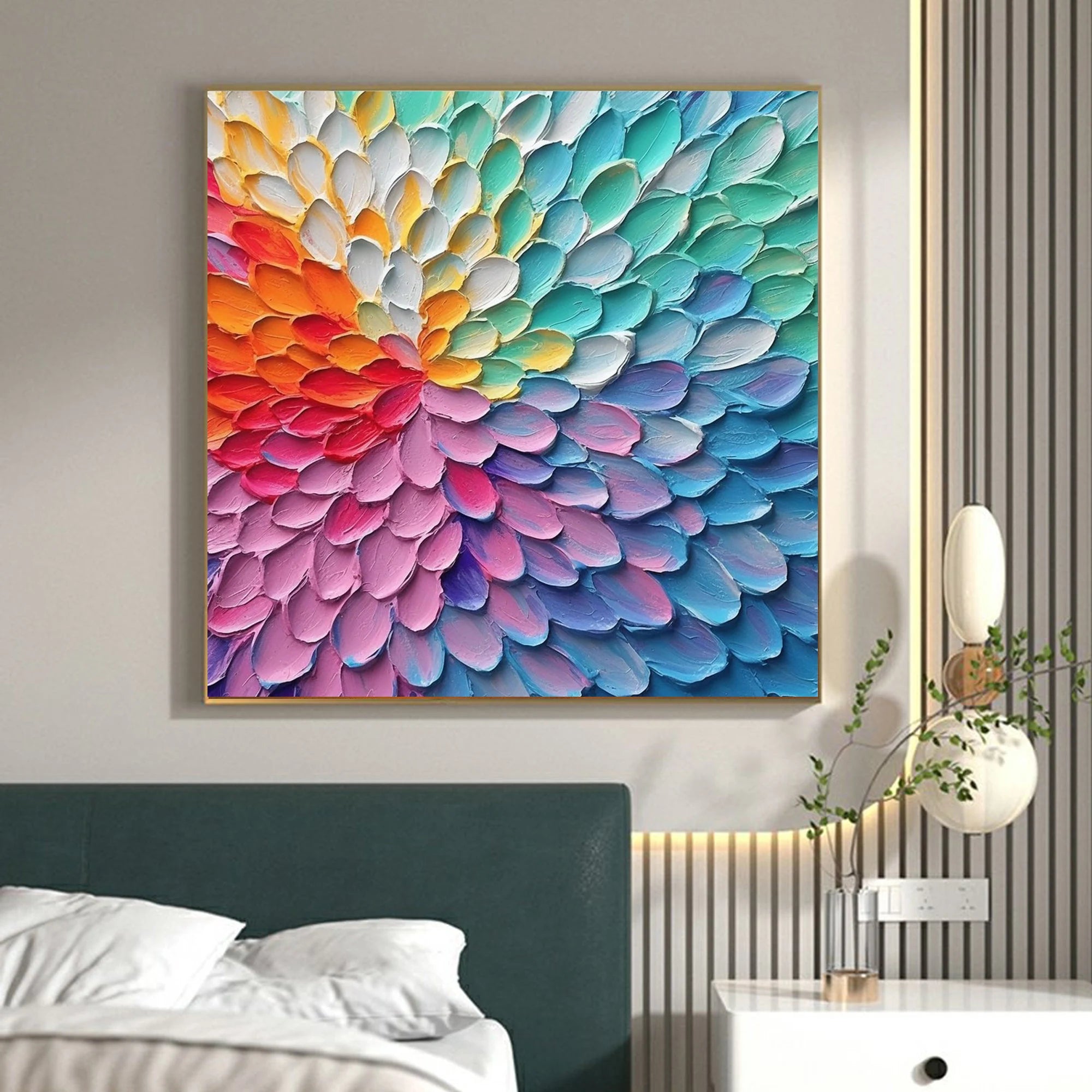 RAINBOW VORTEX: Modern Square 3D Heavy Texture Floral Wall Art, Vibrant Petal Relief Canvas