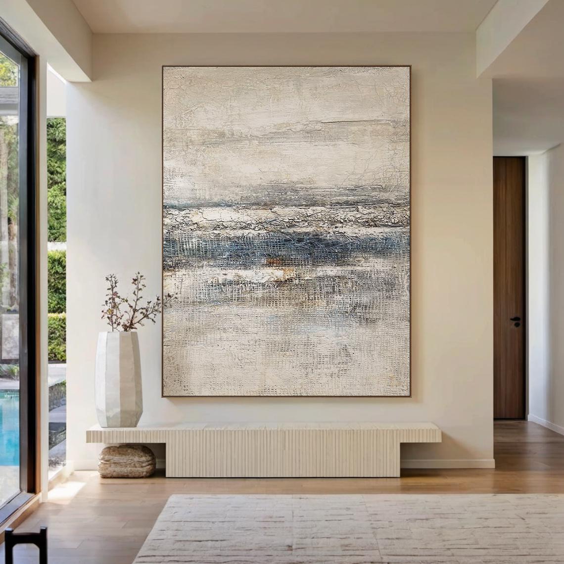 Silent Horizon – Modern Grayscale Textured Grid Relief Wabi-Sabi Painting | Japandi Wabi-Sabi Living Room & Bedroom Art