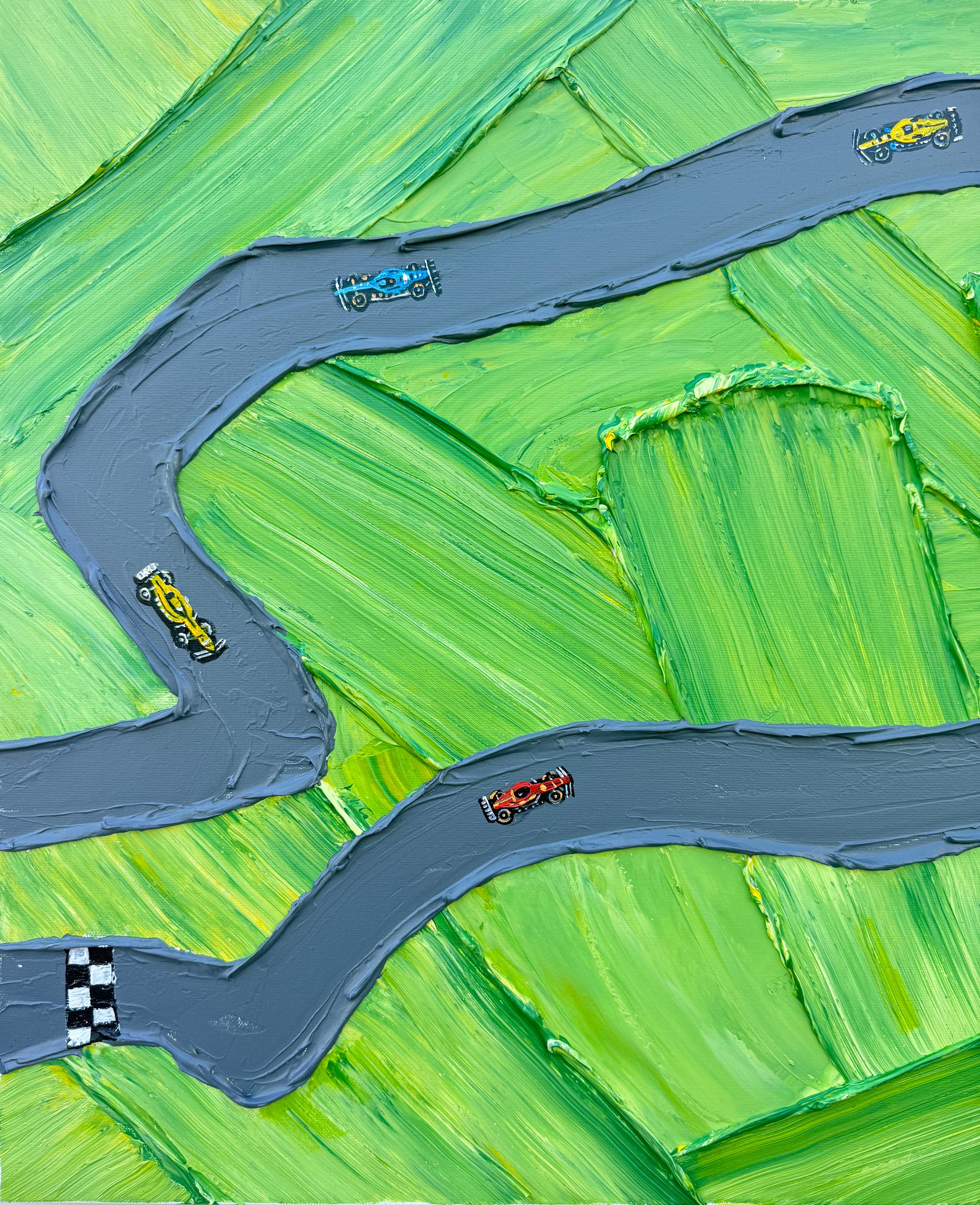 Circuit Breeze – Hand-Painted Green Race Track Minimalist Racing Car Sport Painting | Contemporary Sport Home Office & Living Room Art