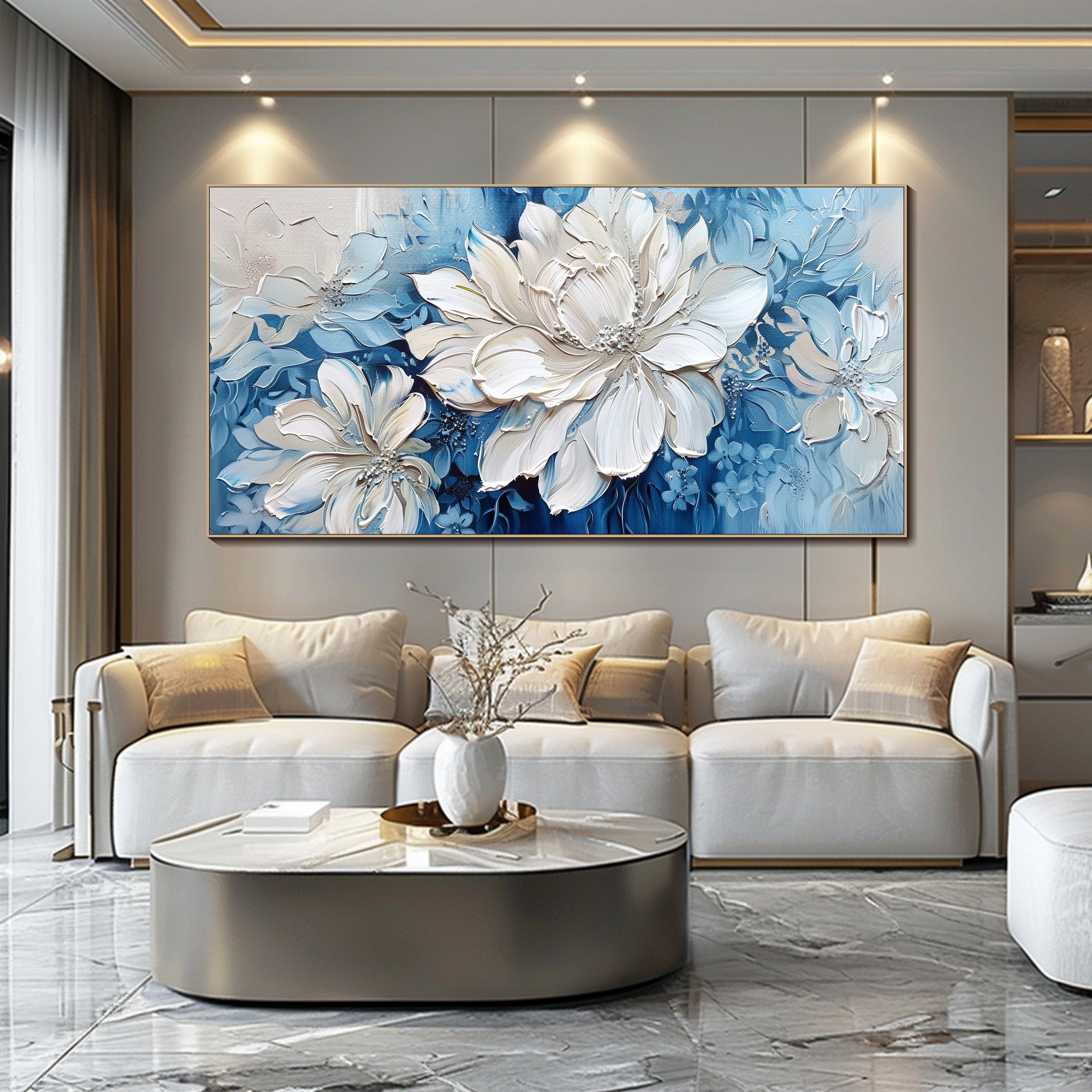 FROZEN PETAL: Panoramic Heavy Impasto White Flower Painting, 3D Textured Floral Art