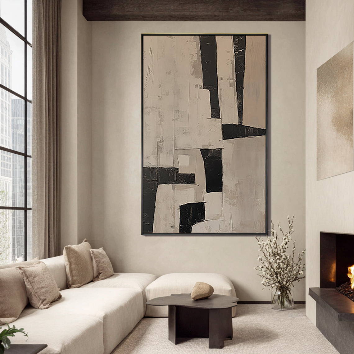 Urban Contour – Hand-Painted Charcoal Grey and Beige Geometric Block Abstract Painting | Industrial Abstract Home Office & Living Room Art