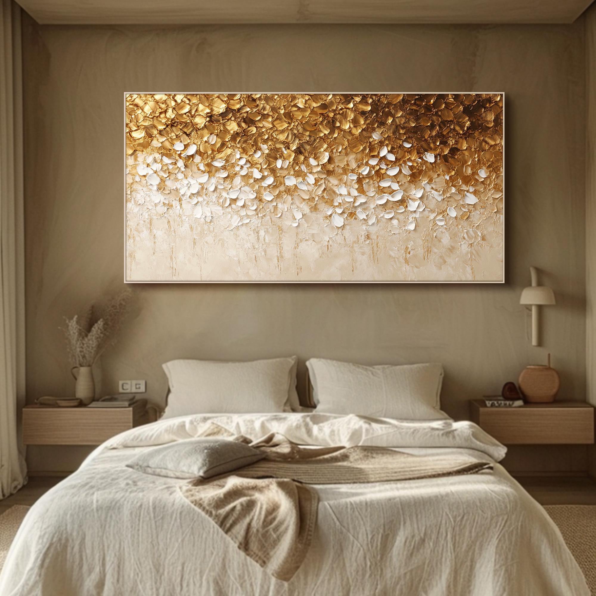 Golden Cascade – Hand-Painted Gold Foil and White 3D Textured Glitter Plaster Floral Painting | Modern Luxury Botanical Bedroom & Living Room Art
