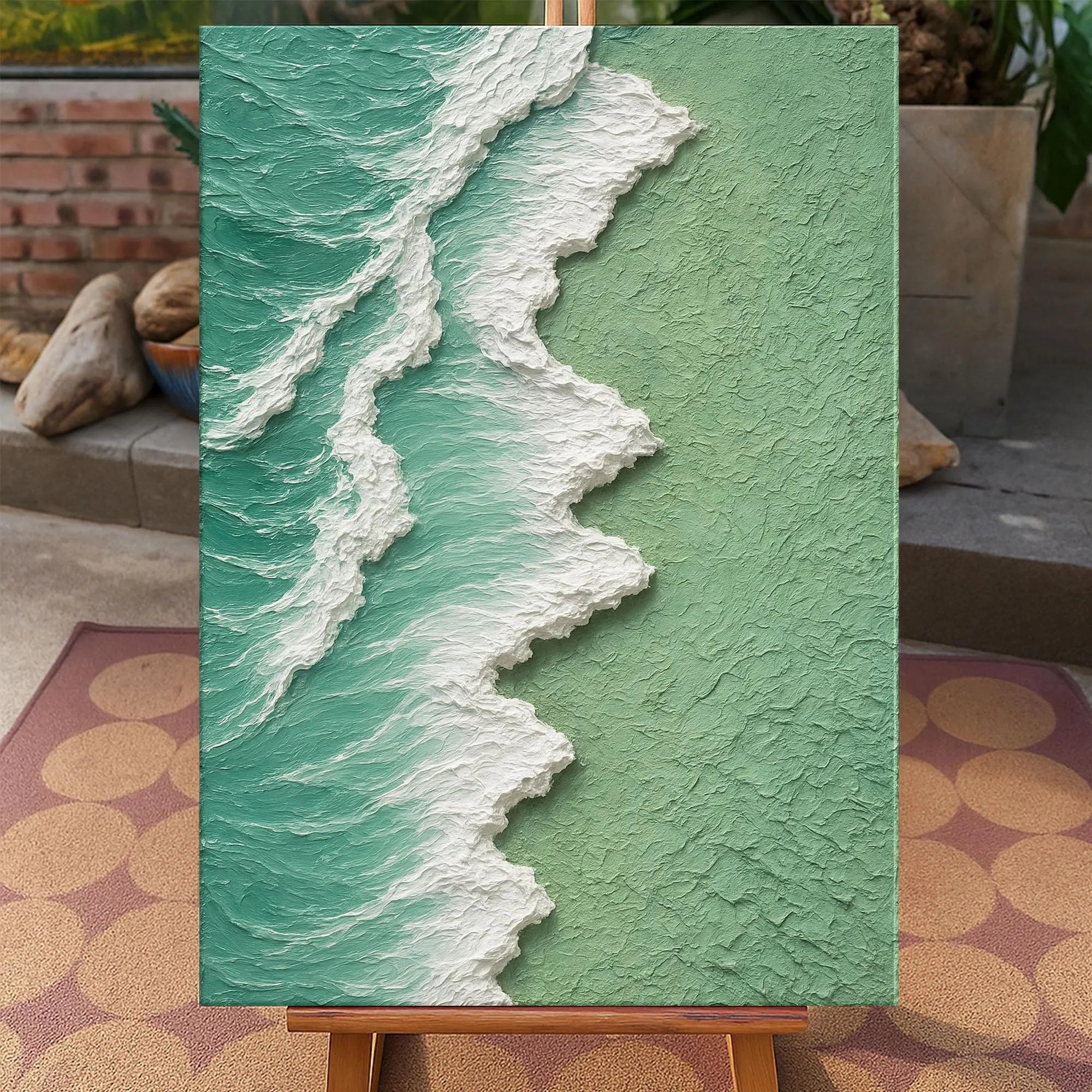 Ocean's Pulse – Modern Impasto Textured Painting | Creative Wabi-Sabi Mint Sea Wave Entryway Art