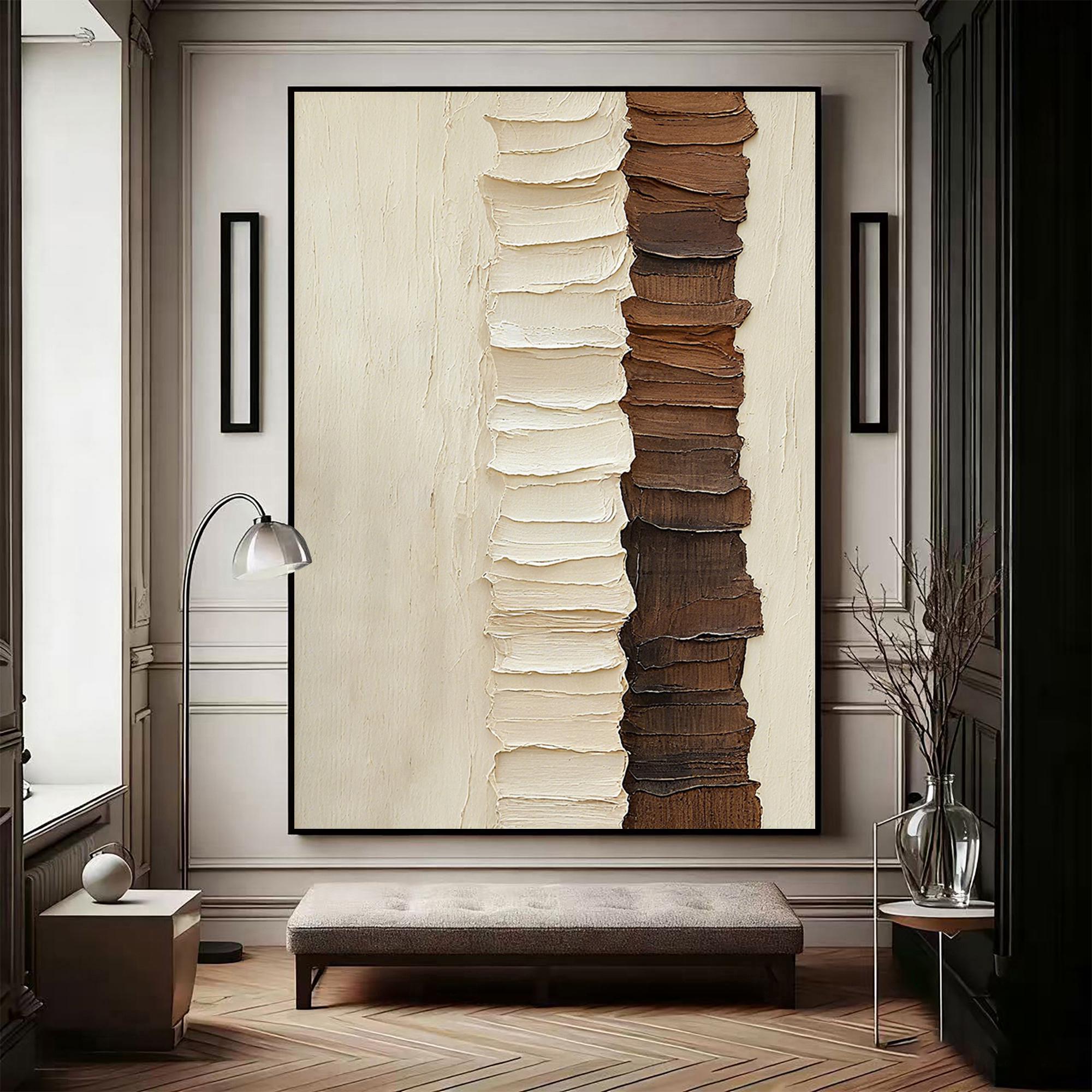 Vertical Ridge – Cream & Chocolate Palette Knife Relief Abstract Painting | Modern Abstract Living Room & Office Art
