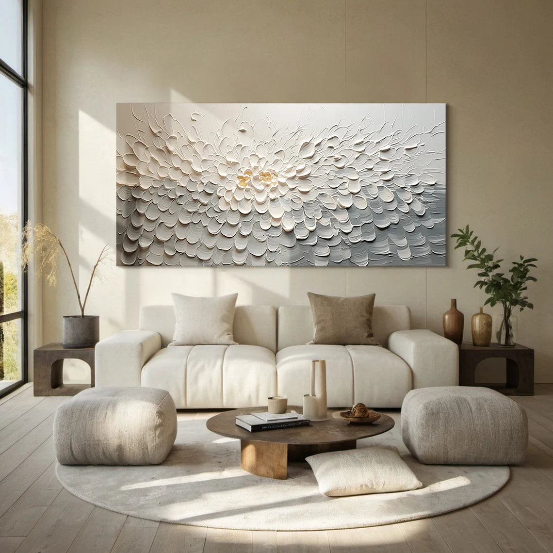 Snow Blossom – Neutral Plaster Relief Floral Painting | Soft Organic Botanical Bedroom & Living Room Art