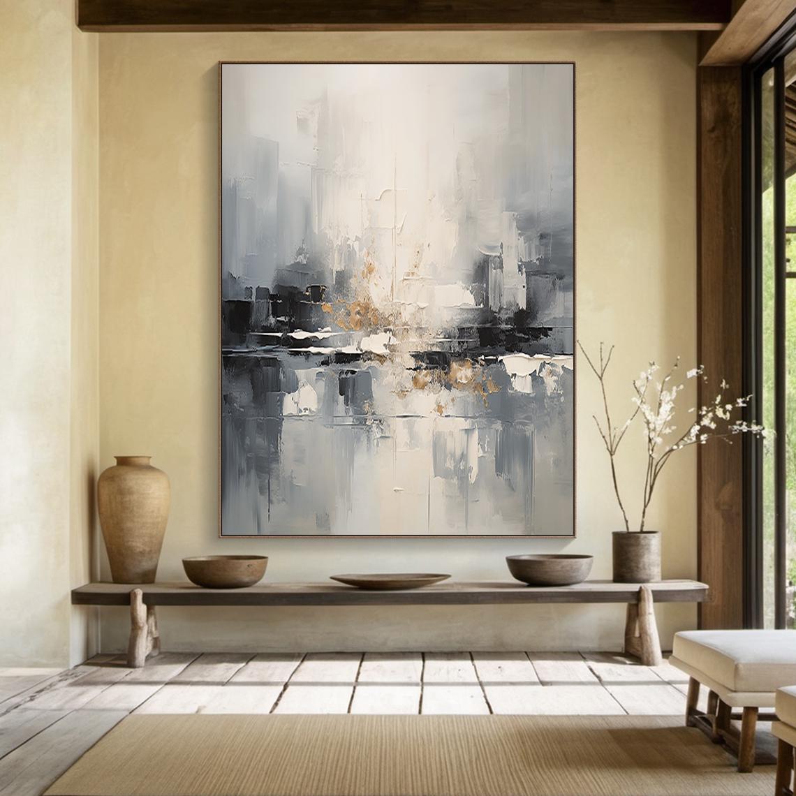 Urban Reflection – Hand-Painted Grey and Gold Foil Palette Knife Abstract Painting | Modern Abstract Living Room & Office Art