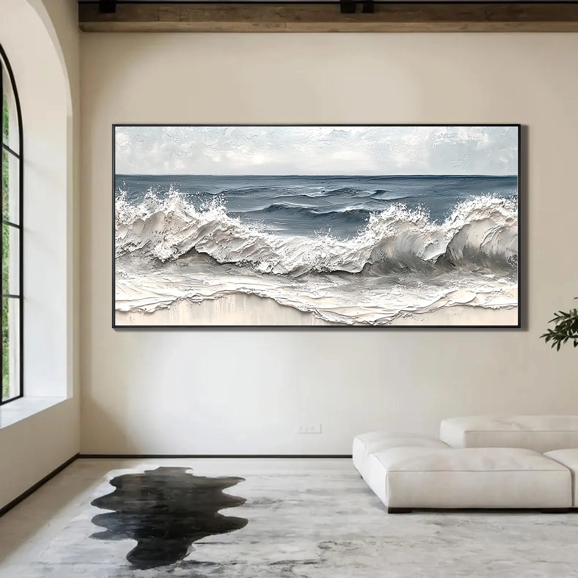 Deep Sea Echo – Modern Textured Painting | Creative Navy Blue Crashing Wave Living Room Decor