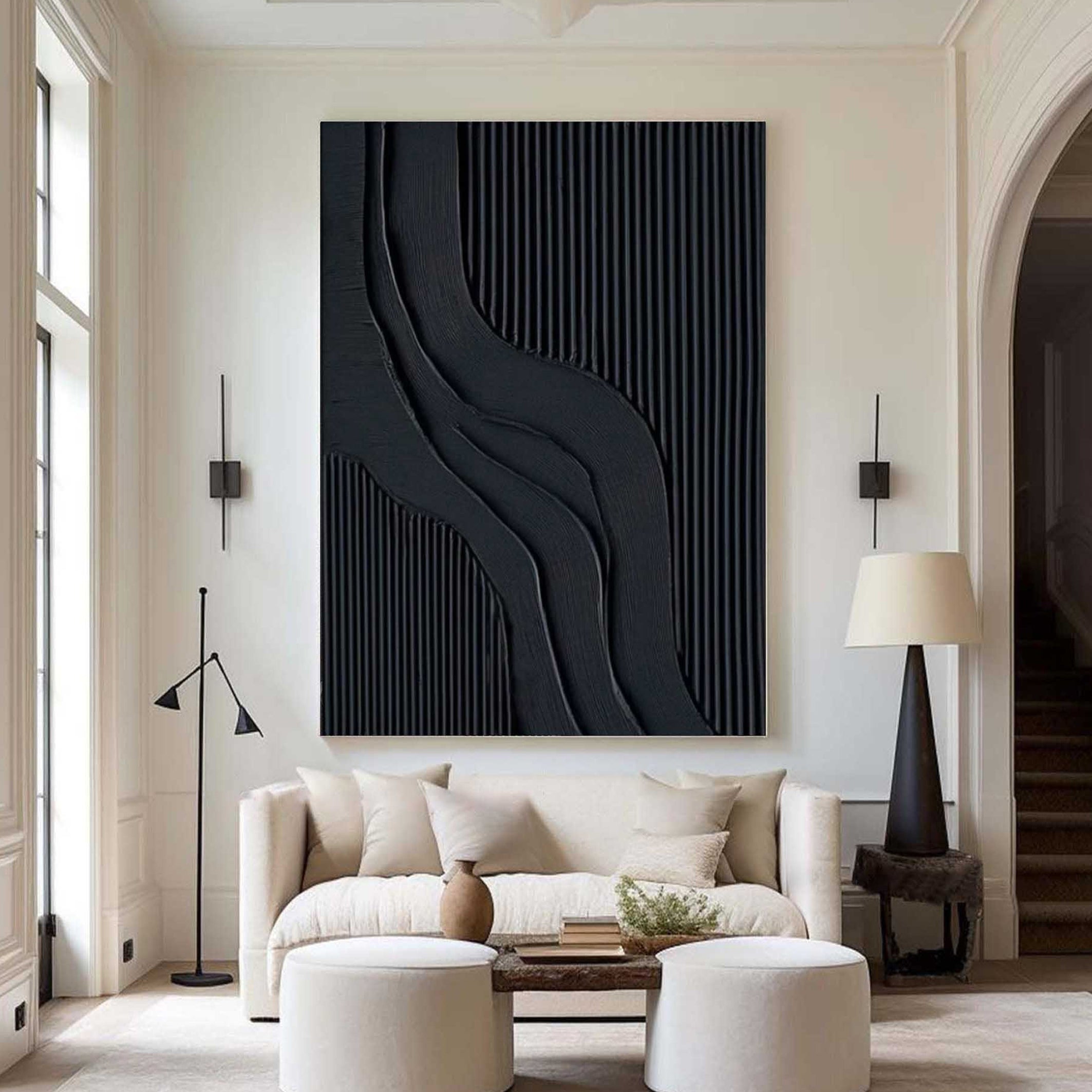 Midnight Strata – Hand-Painted Matte Black Fluted Texture 3D Relief Wabi-Sabi Painting | Japandi Wabi-Sabi Living Room & Bedroom Art