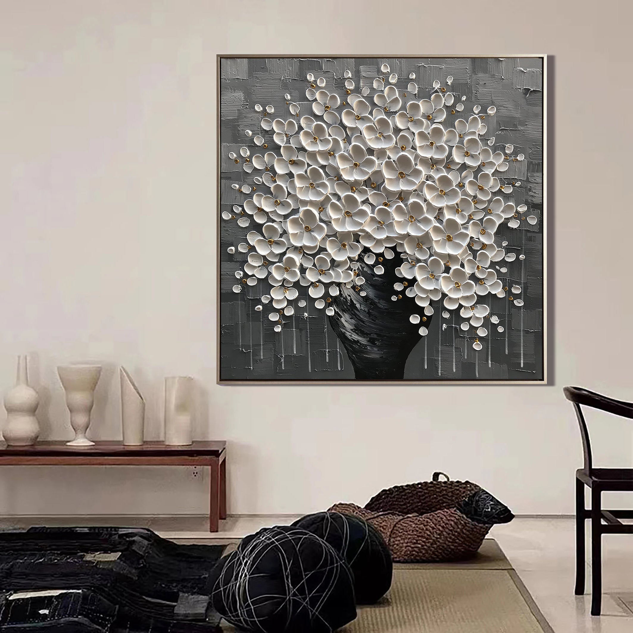 Silver Bloom – Luxury Monochrome Tree Relief Floral Painting | Minimalist Botanical Bedroom & Living Room Art