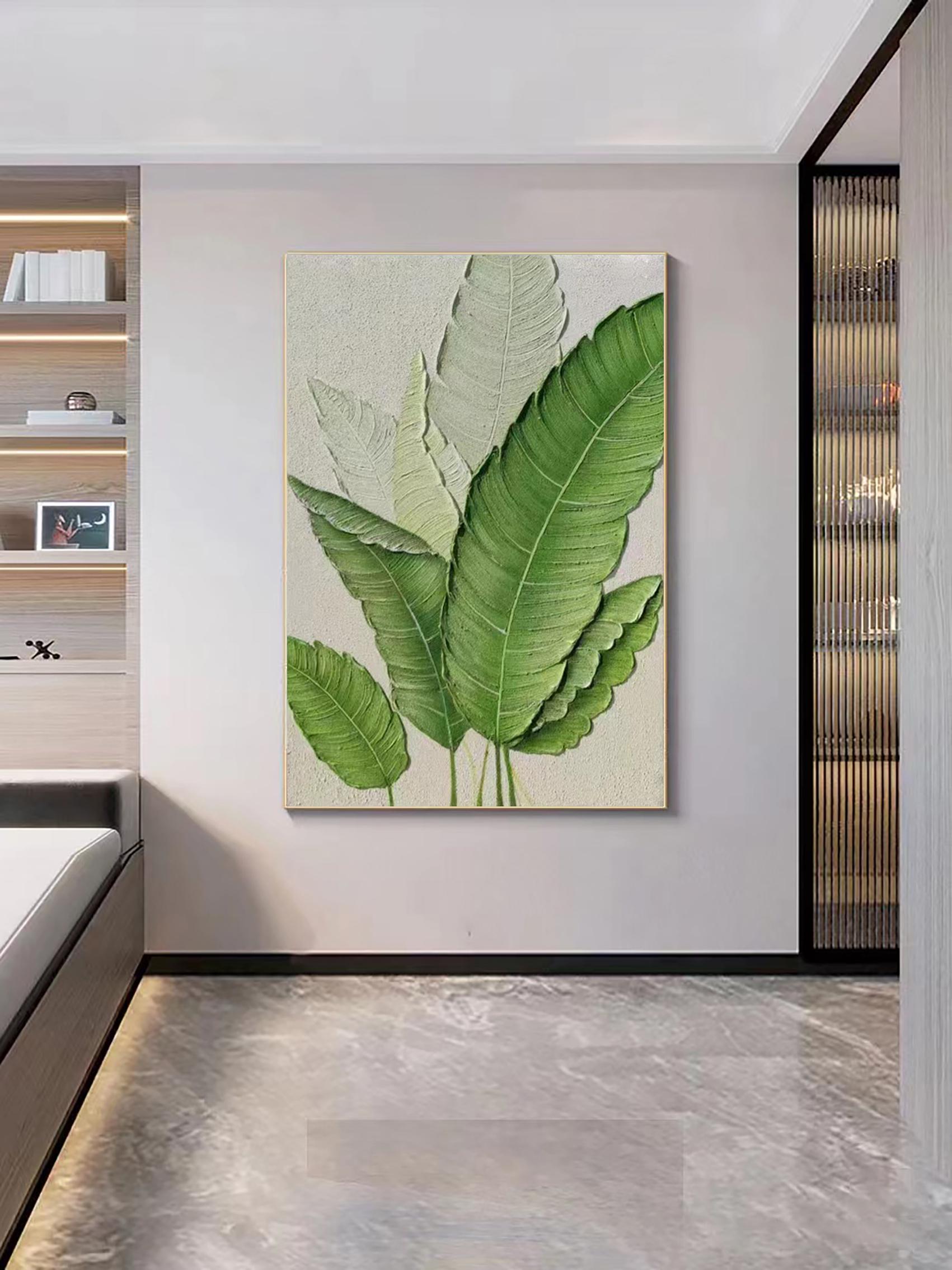 Verdant Leaf – Hand-Painted Fresh Green Banana Leaf Plaster Relief Floral Painting | Tropical Botanical Bedroom & Dining Room Art