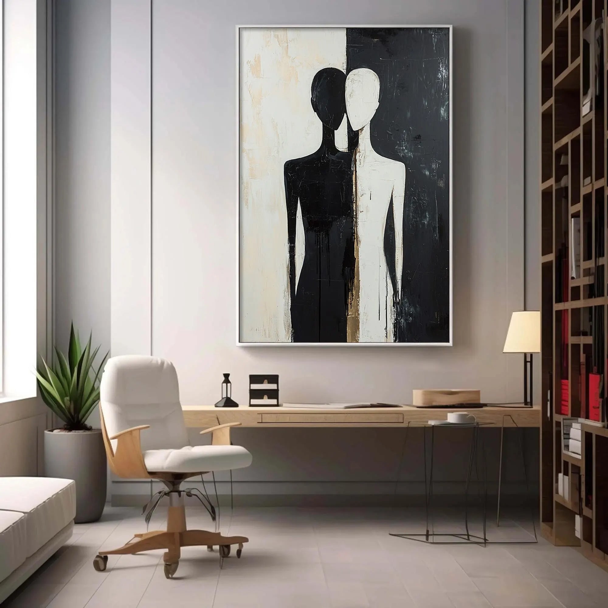 Dual Souls – Minimalist Black & White Abstract Figures Art | Modern Luxury Living Room Art