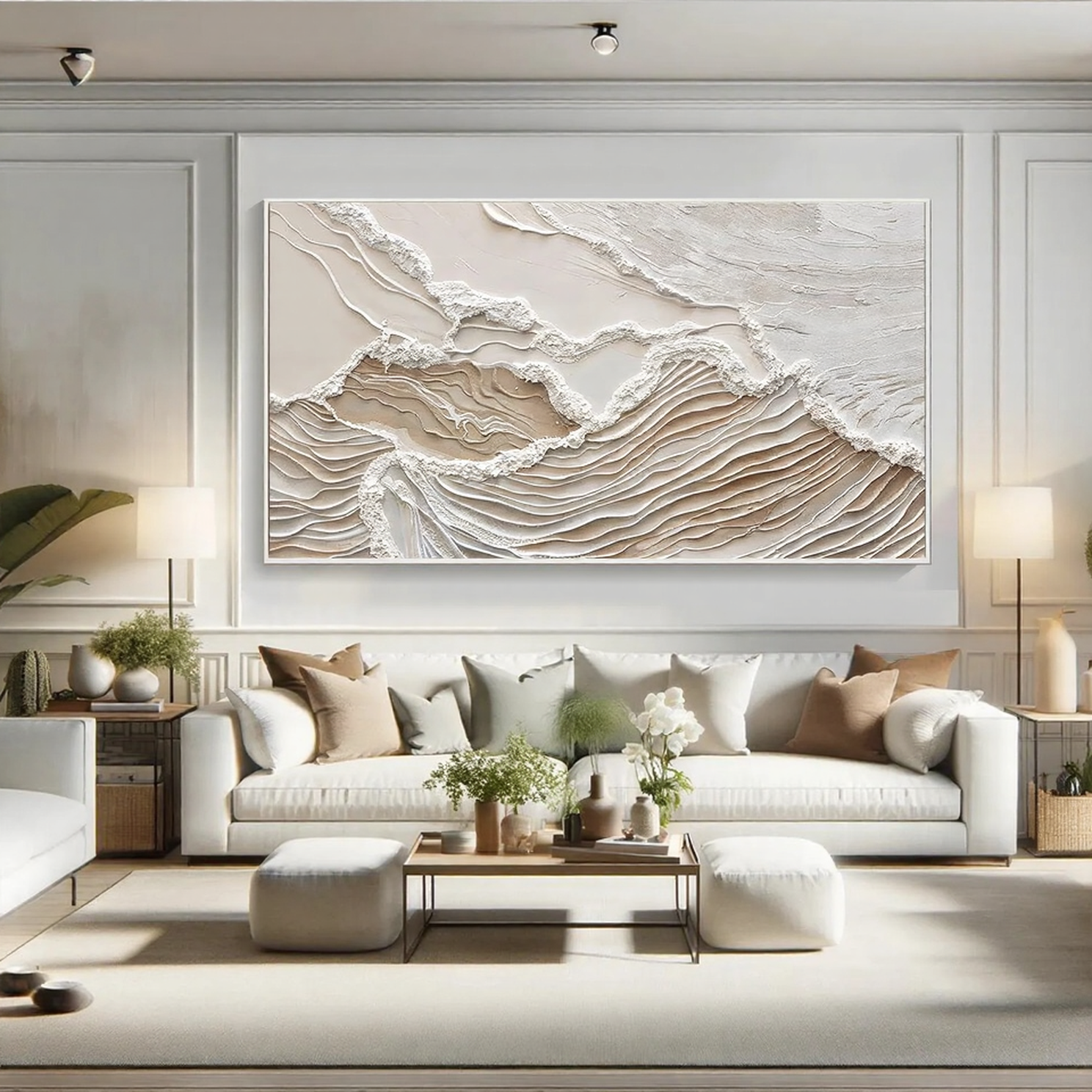 Earthen Strata – Hand-Painted Oatmeal and Tan Linear Plaster Relief Texture Painting | Japandi Organic Wabi-Sabi Living Room & Hallway Art