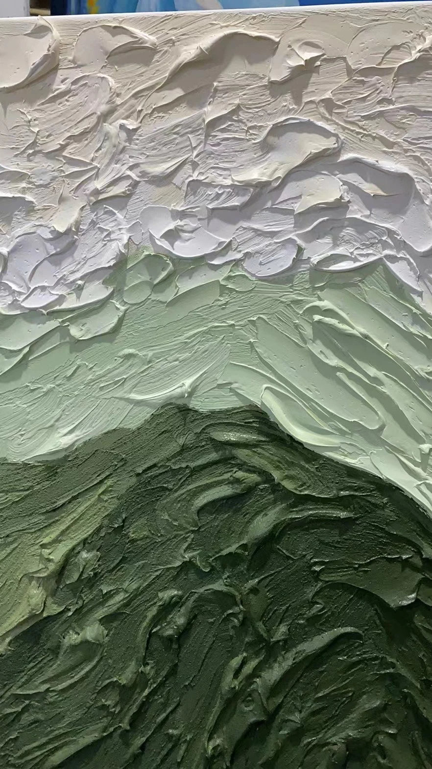 Verdant Ridges – Modern Organic Mountain Textured Art | Panoramic Sage Green Living Room Art