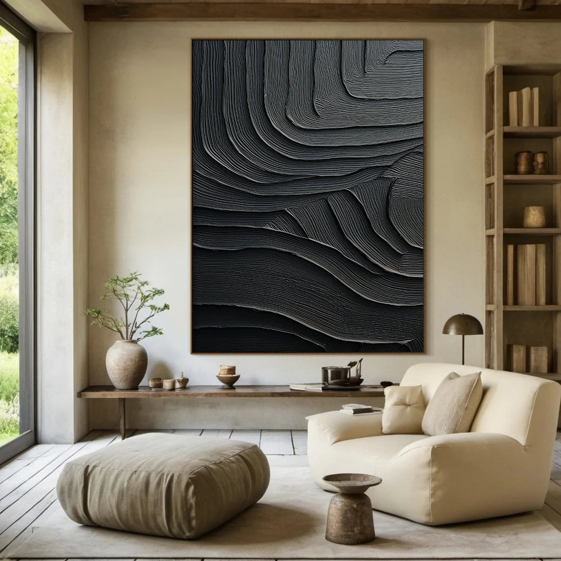 Obsidian Strata – Hand-Painted All-Black Organic Wave Plaster Effect Texture Painting | Modern Industrial Plaster Home Office & Living Room Art