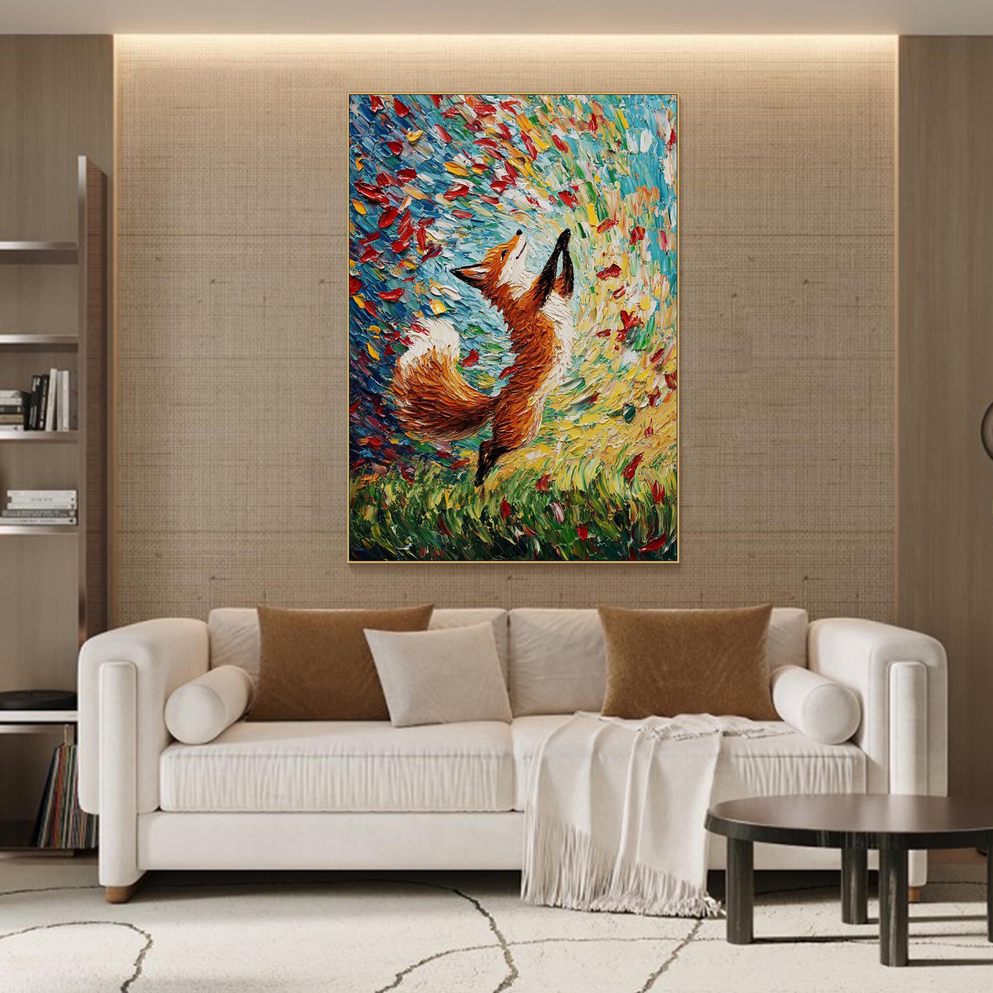 Autumn Dance – Textured Impressionist Fox Painting | Vibrant Whimsical Living Room Art
