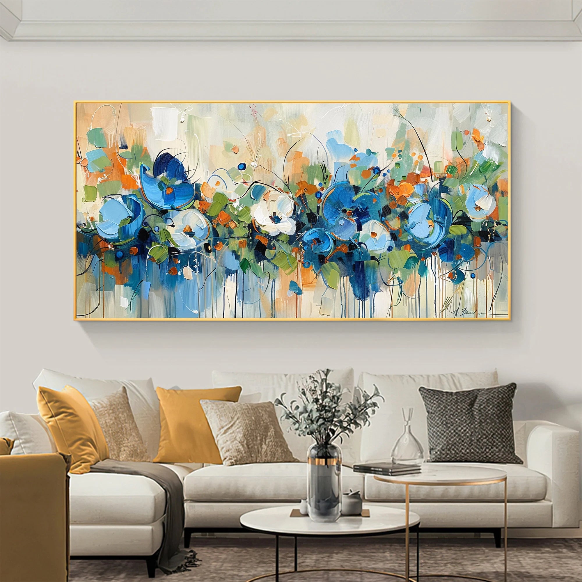 Azure Whisper – Hand-Painted Blue Wildflower Palette Knife Thick Textured Impressionist Oil Floral Painting | Contemporary Botanical Bedroom & Living Room Art