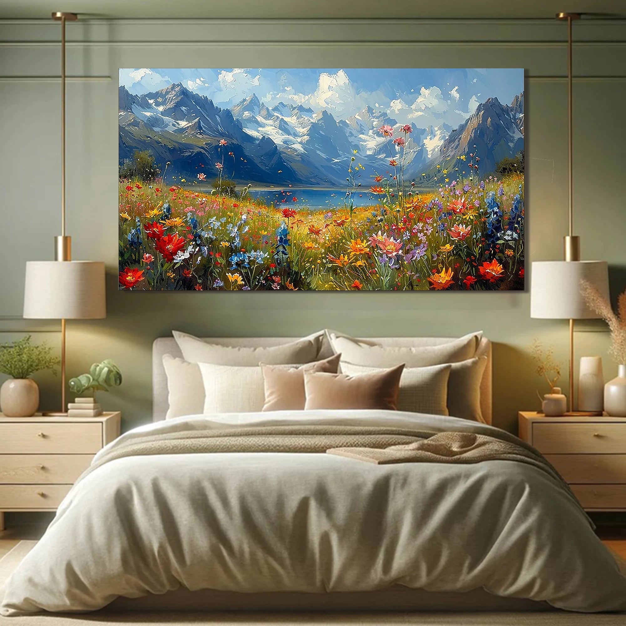 Alpine Bloom – Hand-Painted Snow Mountain and Wildflower Lake Landscape Painting | Contemporary Botanical Bedroom & Living Room Art