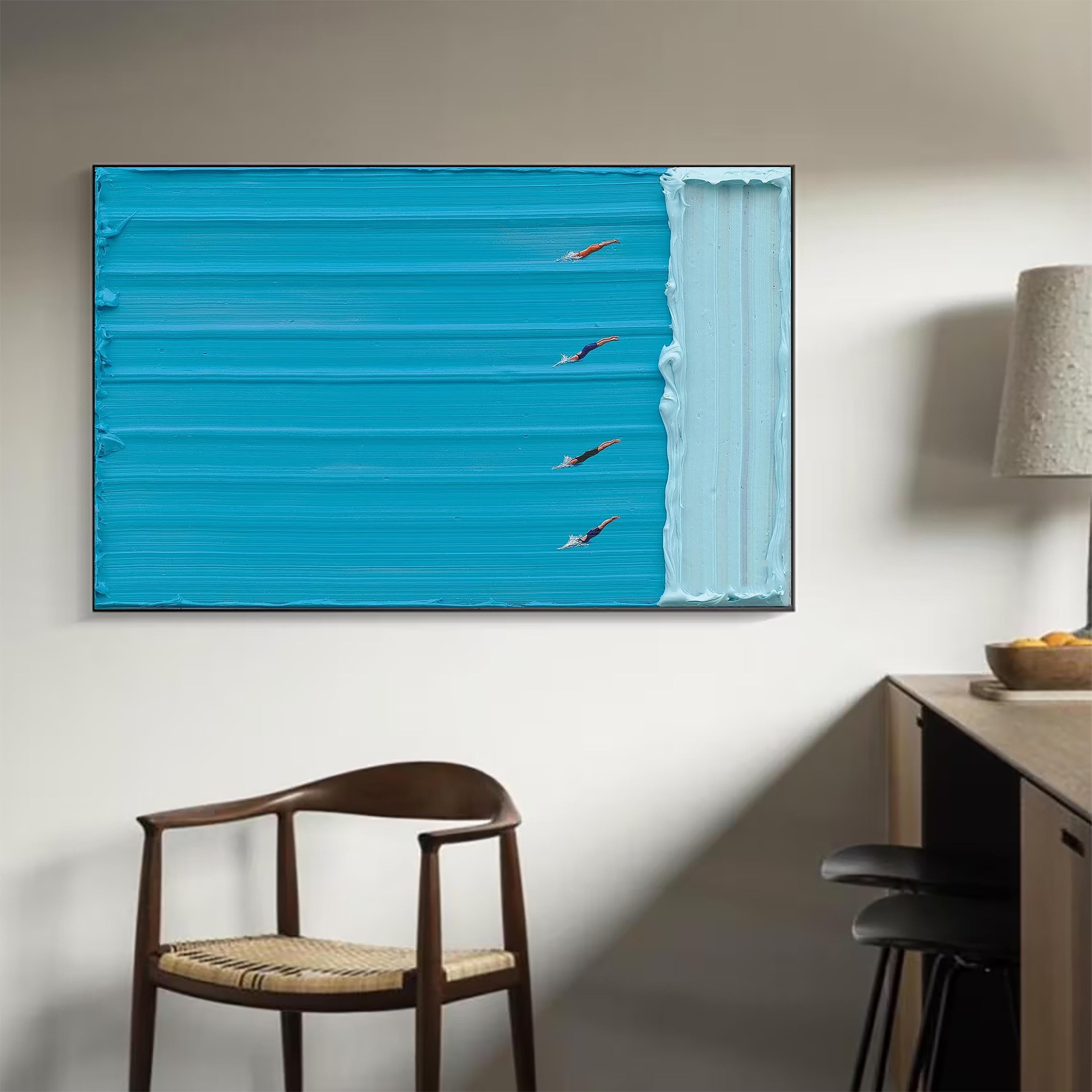 Azure Competition – Hand-Painted Minimalist Swimming Pool Azure Blue Sport Painting | Contemporary Sport Home Office & Living Room Art