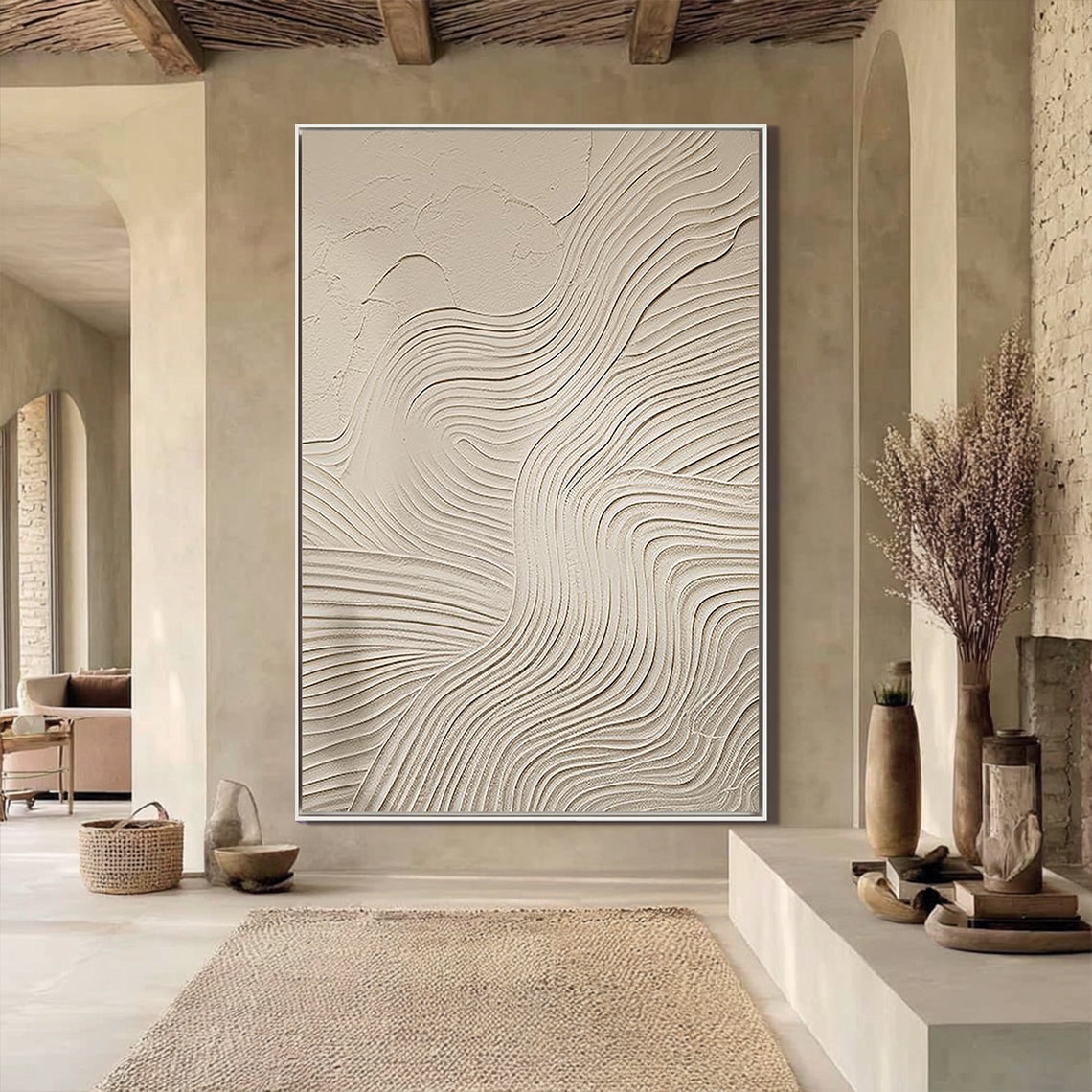 ZEN RIPPLE: Wabi-Sabi Wall Art, Hand-Painted Beige Organic Wave Line Plaster Effect 3D Textured Studio Art