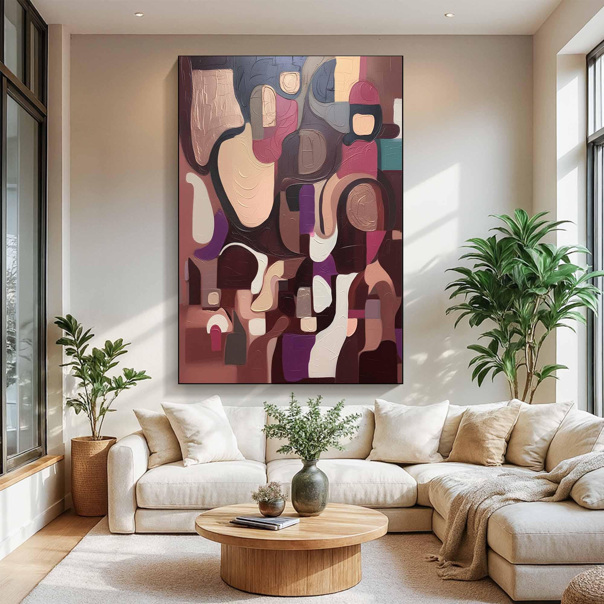 Mauve Mosaic – Hand-Painted Burgundy and Mauve Geometric Cubist Abstract Painting | Modern Abstract Living Room & Office Art