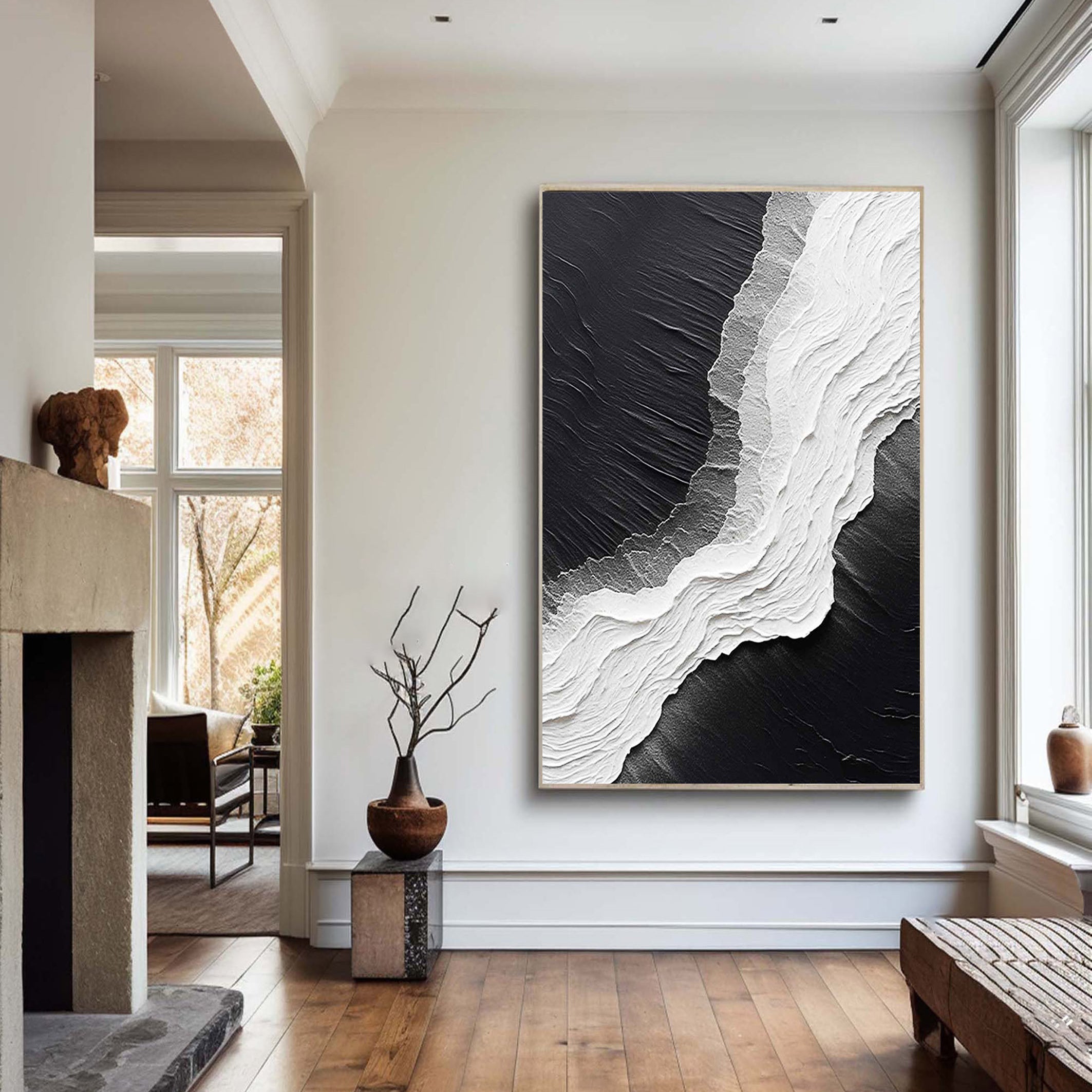 MONOCHROME RIDGE: Texture Wall Art, Hand-Painted Black and White 3D Plaster Relief Heavy Texture Studio Art