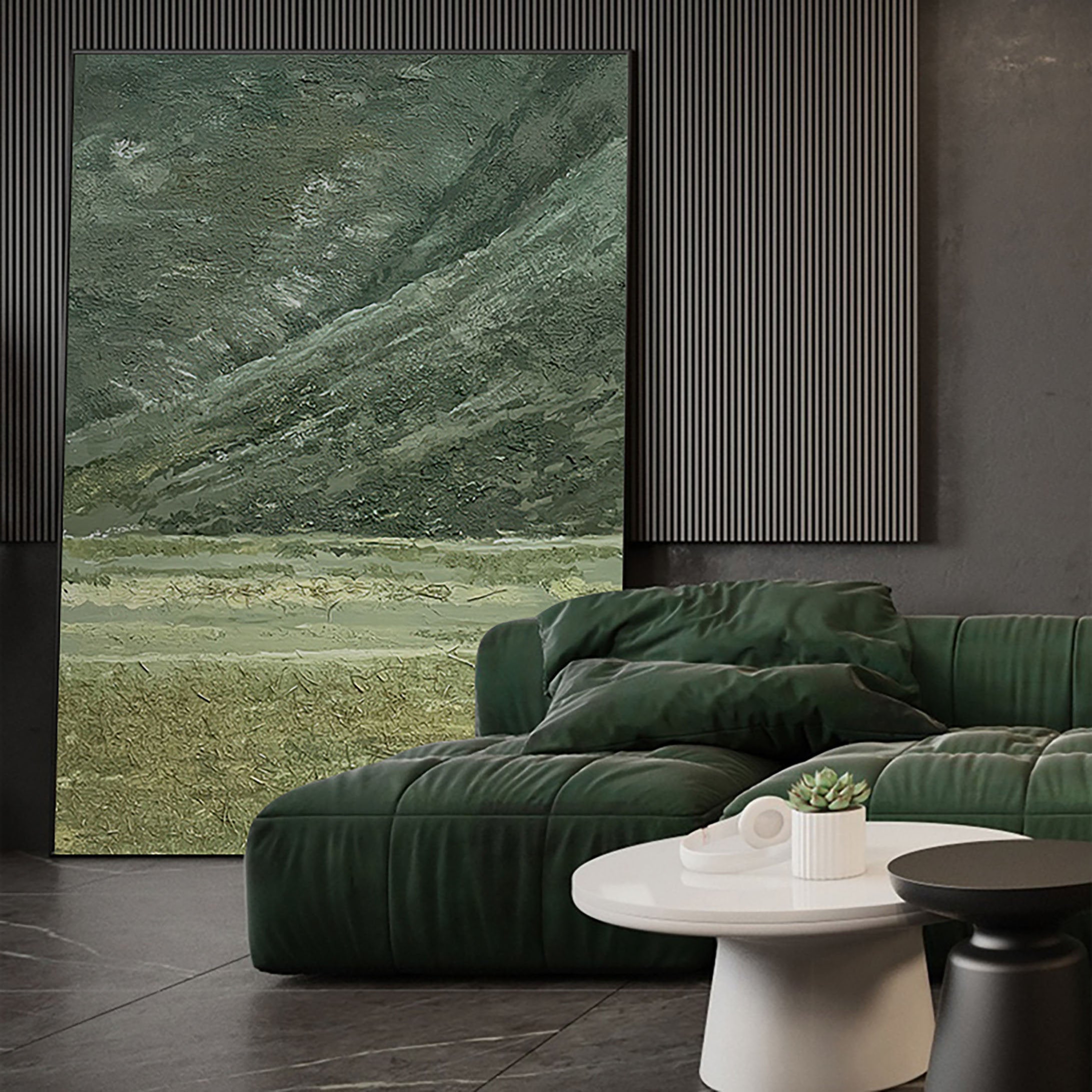 Moss Strata – Hand-Painted Sage Green Plaster Effect Layered Wabi-Sabi Painting | Japandi Wabi-Sabi Living Room & Bedroom Art