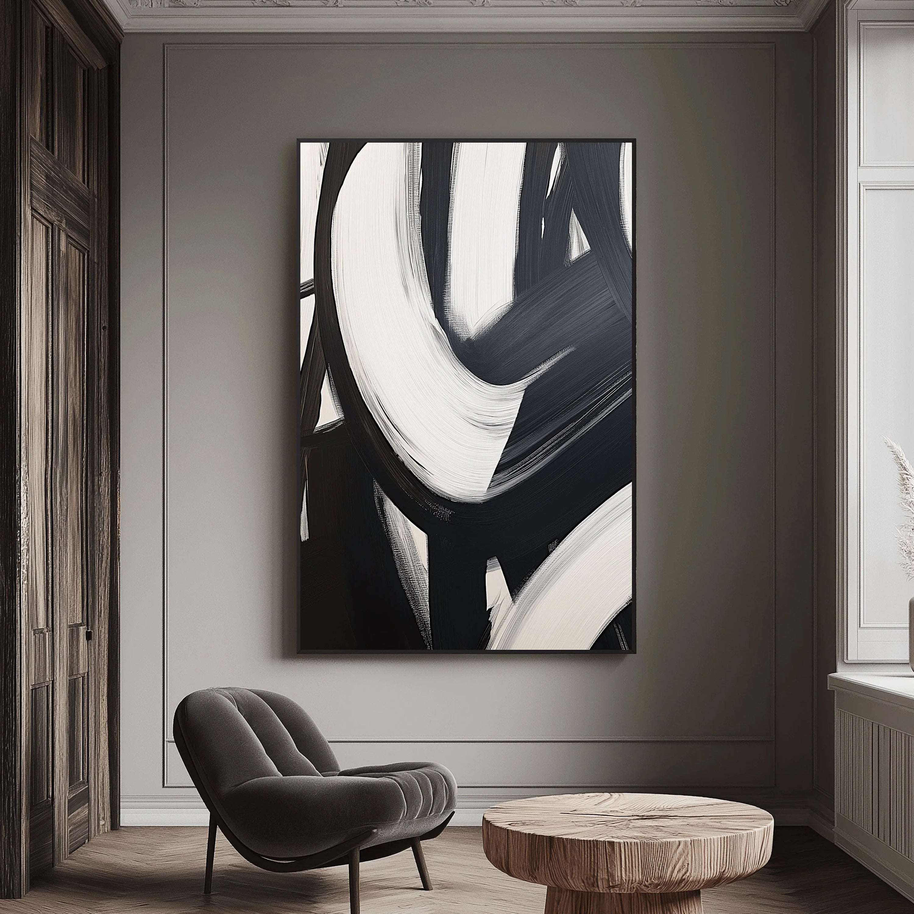 Zen Spiral – 3D Sculptural Black & White Abstract Minimalist Painting | Bold Minimalist Bedroom & Home Office Art