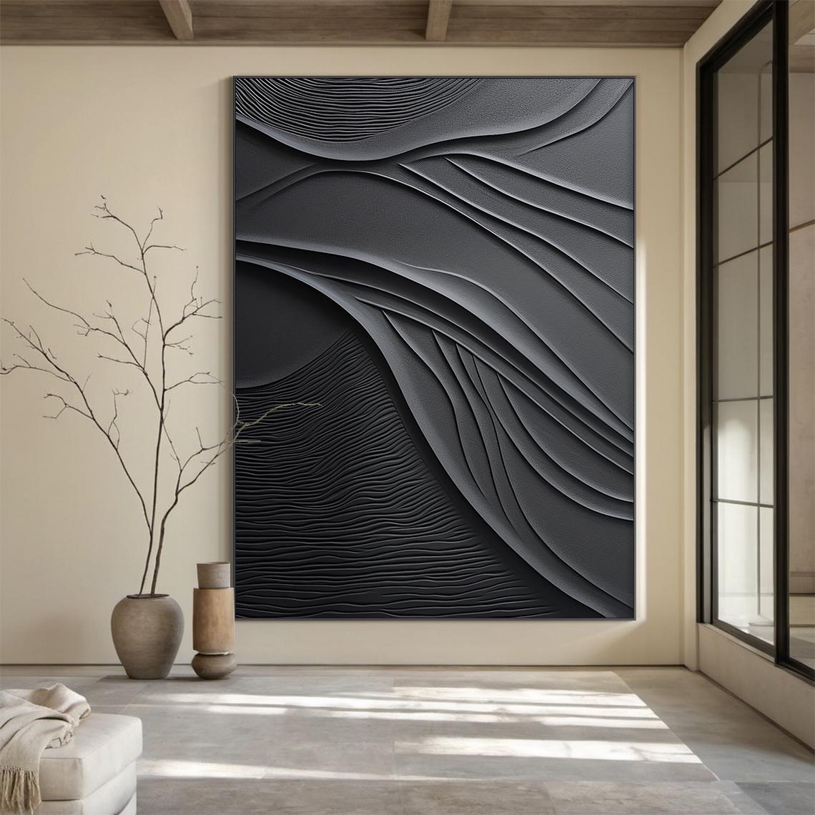 Shadow Curvature – Hand-Painted All-Black Minimalist Fluid Wave Plaster Relief Texture Painting | Bold Minimalist Bedroom & Home Office Art