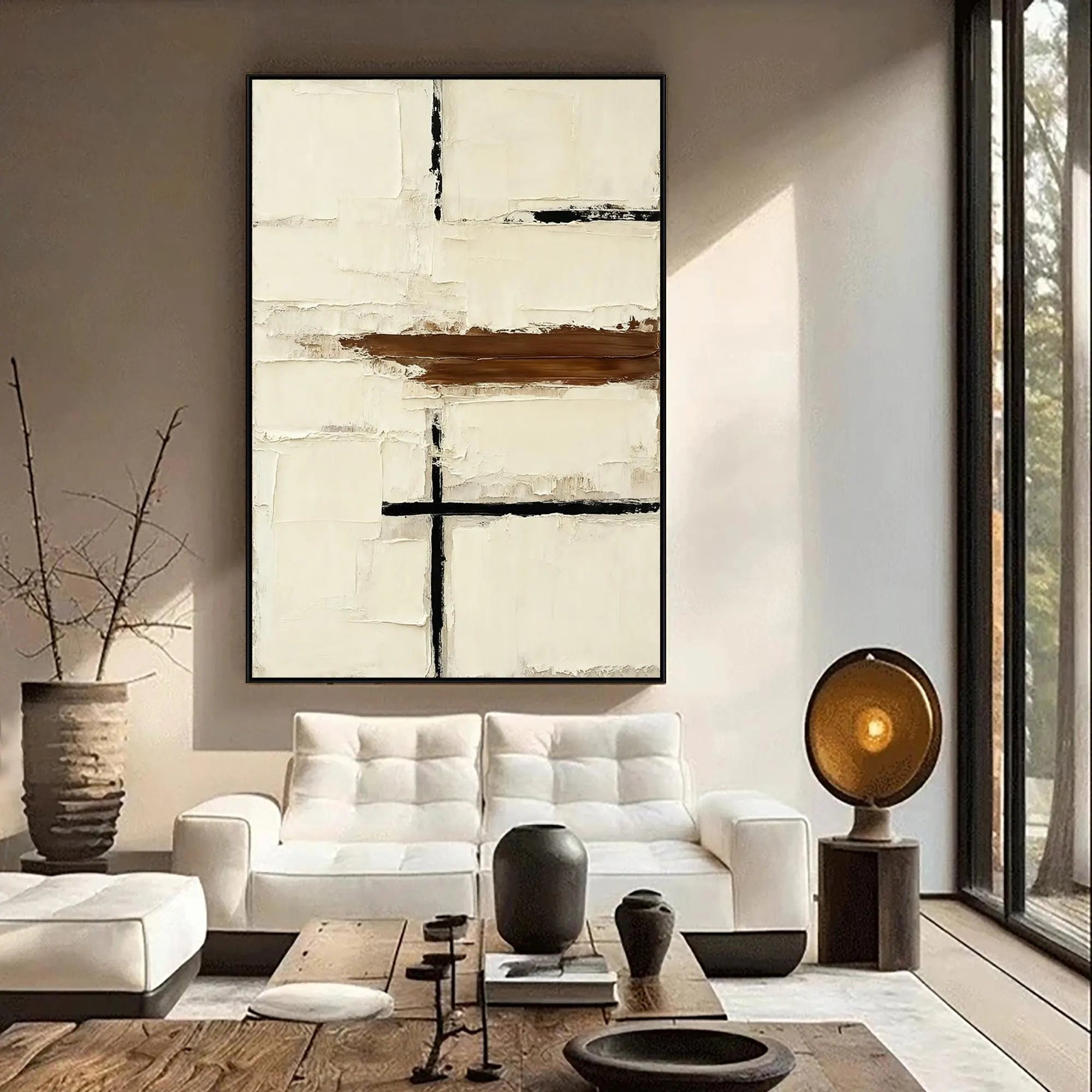 Modern Structure – Creamy White & Espresso Relief Minimalist Painting | Modern Minimalist Bedroom & Home Office Art