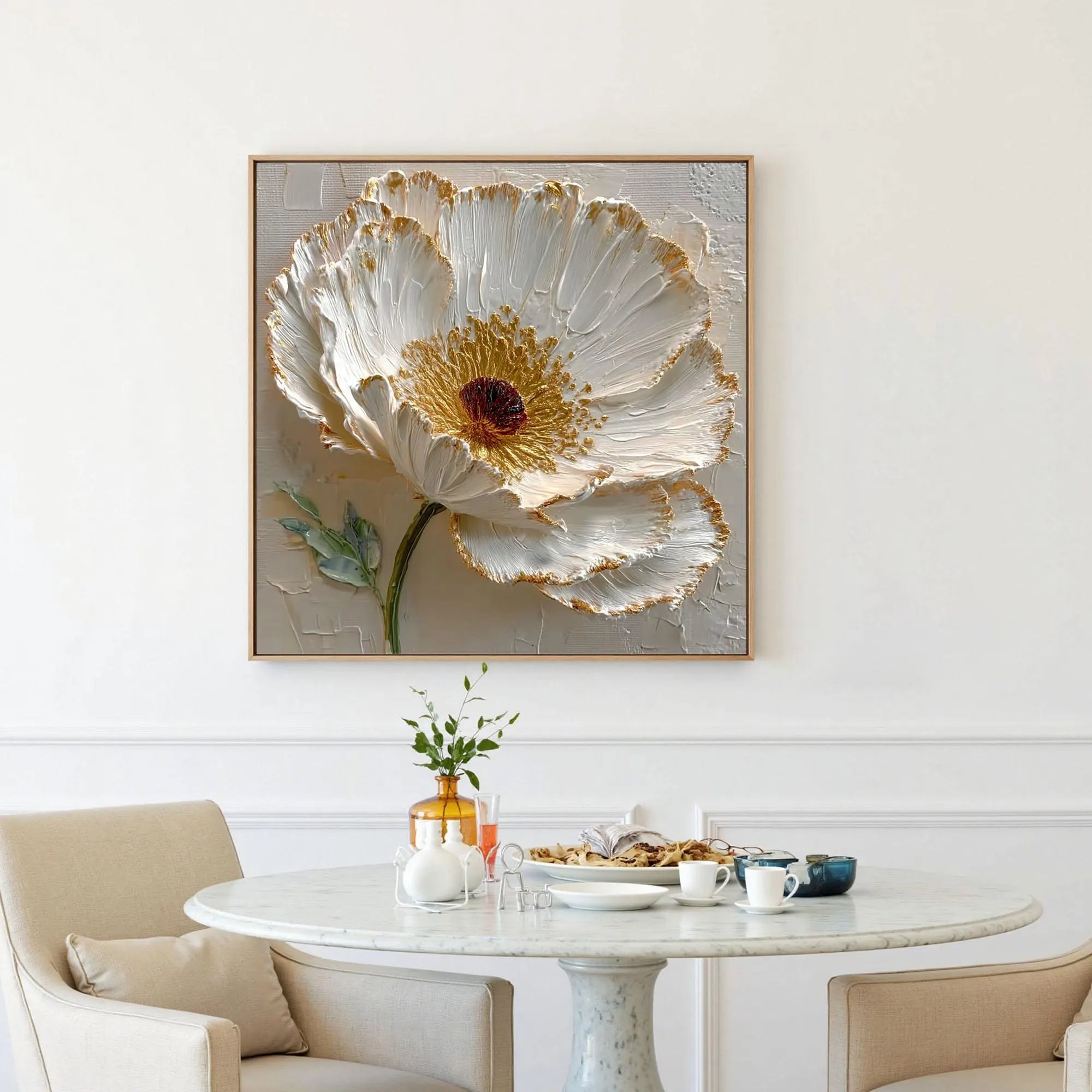 Gilded Petals – Hand-Painted White Blossom 3D Relief Heavy Texture Gold Rim Floral Painting | Modern Luxury Botanical Bedroom & Living Room Art