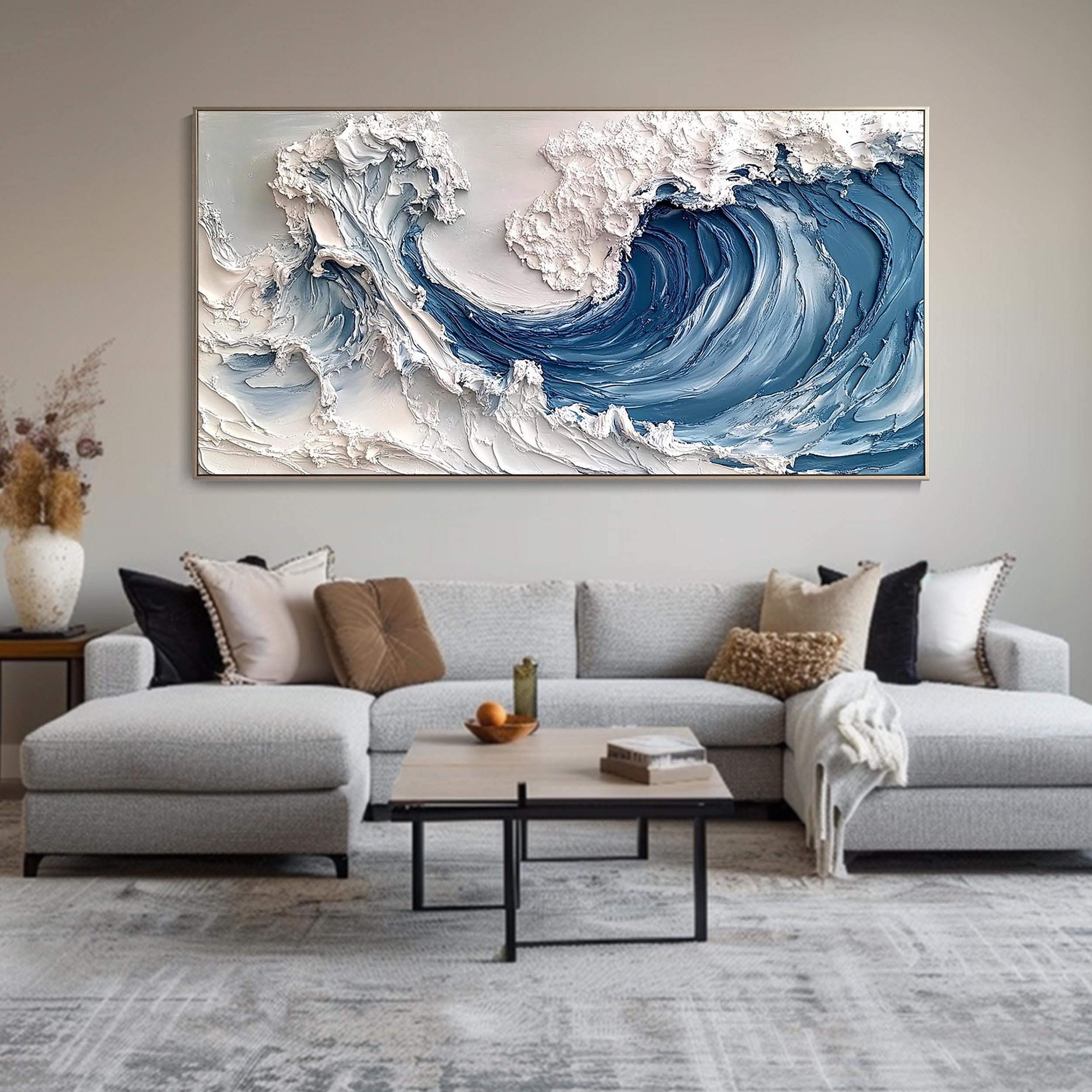 MAJESTIC CREST: Nature Wall Art, Hand-Painted Horizontal Deep Blue Ocean Wave 3D Impasto Heavy Texture Canvas Painting