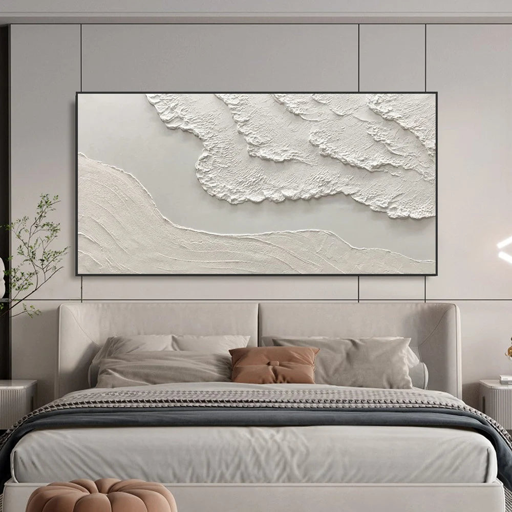 WHITE CLIFF: Texture Wall Art, Hand-Painted Horizontal Minimalist White Plaster Effect Relief 3D Textured Studio Art
