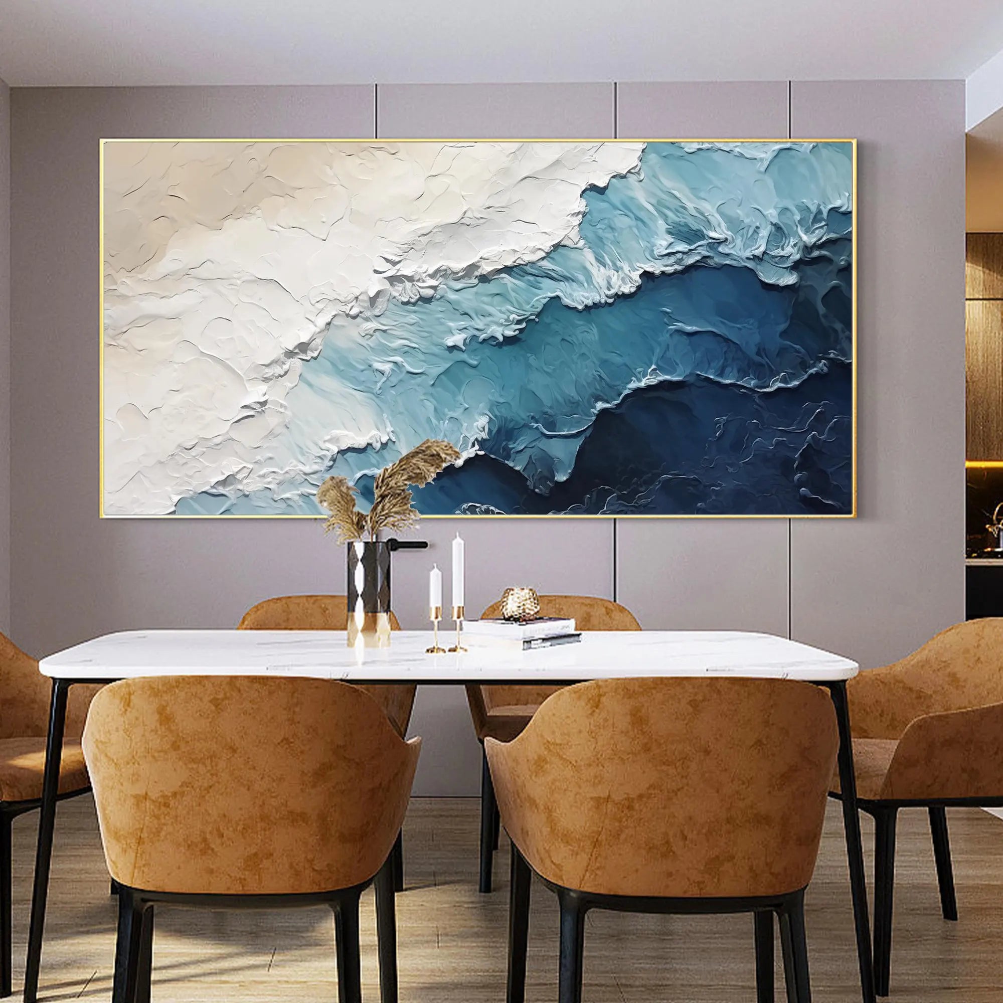 Ocean Strata – Hand-Painted Deep Blue and Cream 3D Impasto Palette Knife Texture Painting | Modern Abstract Living Room & Office Art